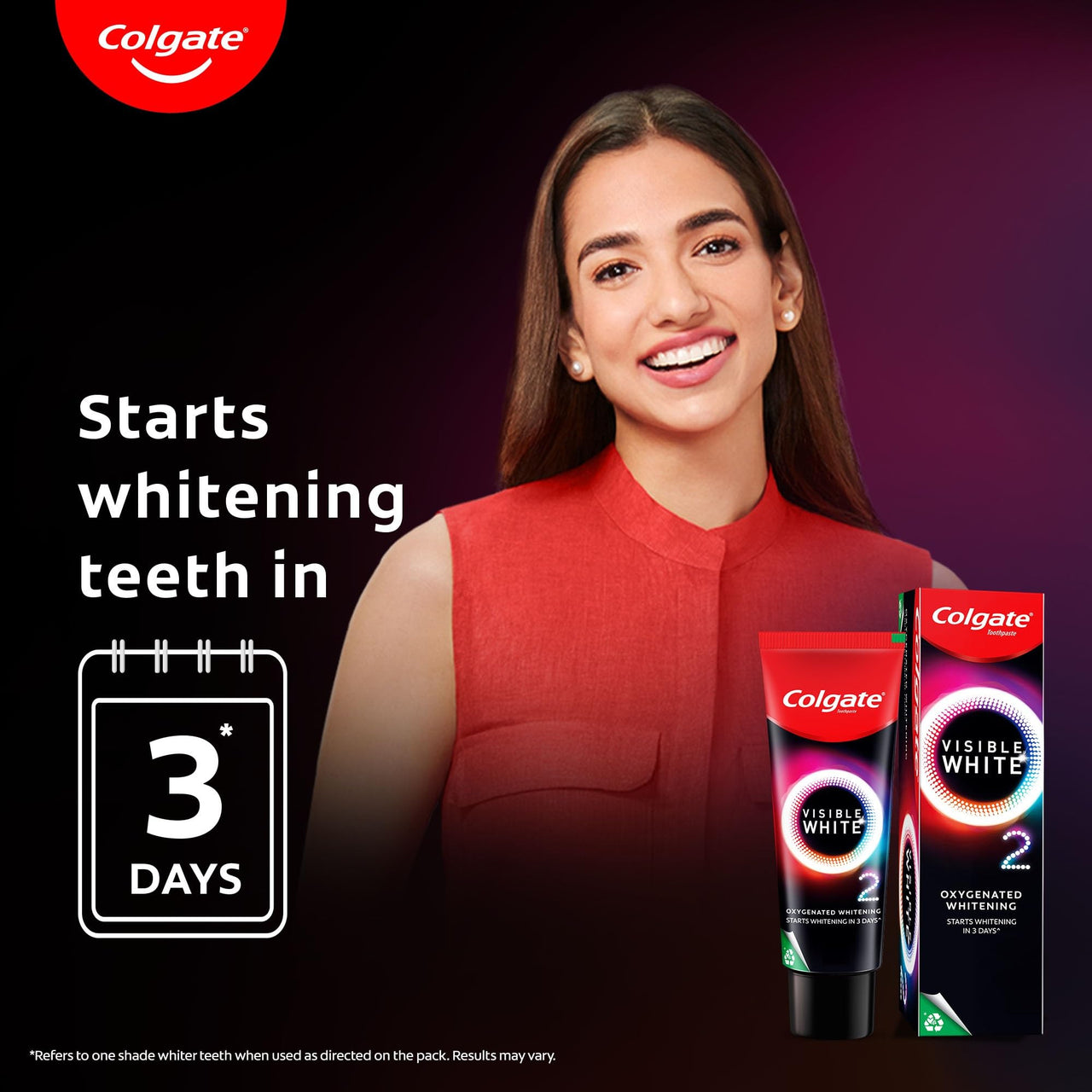 Colgate Visible White O2, Teeth Whitening Toothpaste (50g) for noticeably whiter teeth starting in 3 days. Peppermint Sparkle with Active Technology, Enamel Safe Teeth Whitening (Pack of 2)