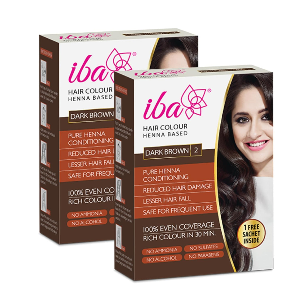 Iba Hair Colour for Women - Dark Brown, 70g (Pack of 2) | 100% Pure Henna Based Powder Sachet | Natural Hair Colour & Long Lasting with Conditioning Formula| Reduced Hair Fall & Hair Damage | Shine & Nourish Hair | Free from Ammonia and Other Harmful Chem