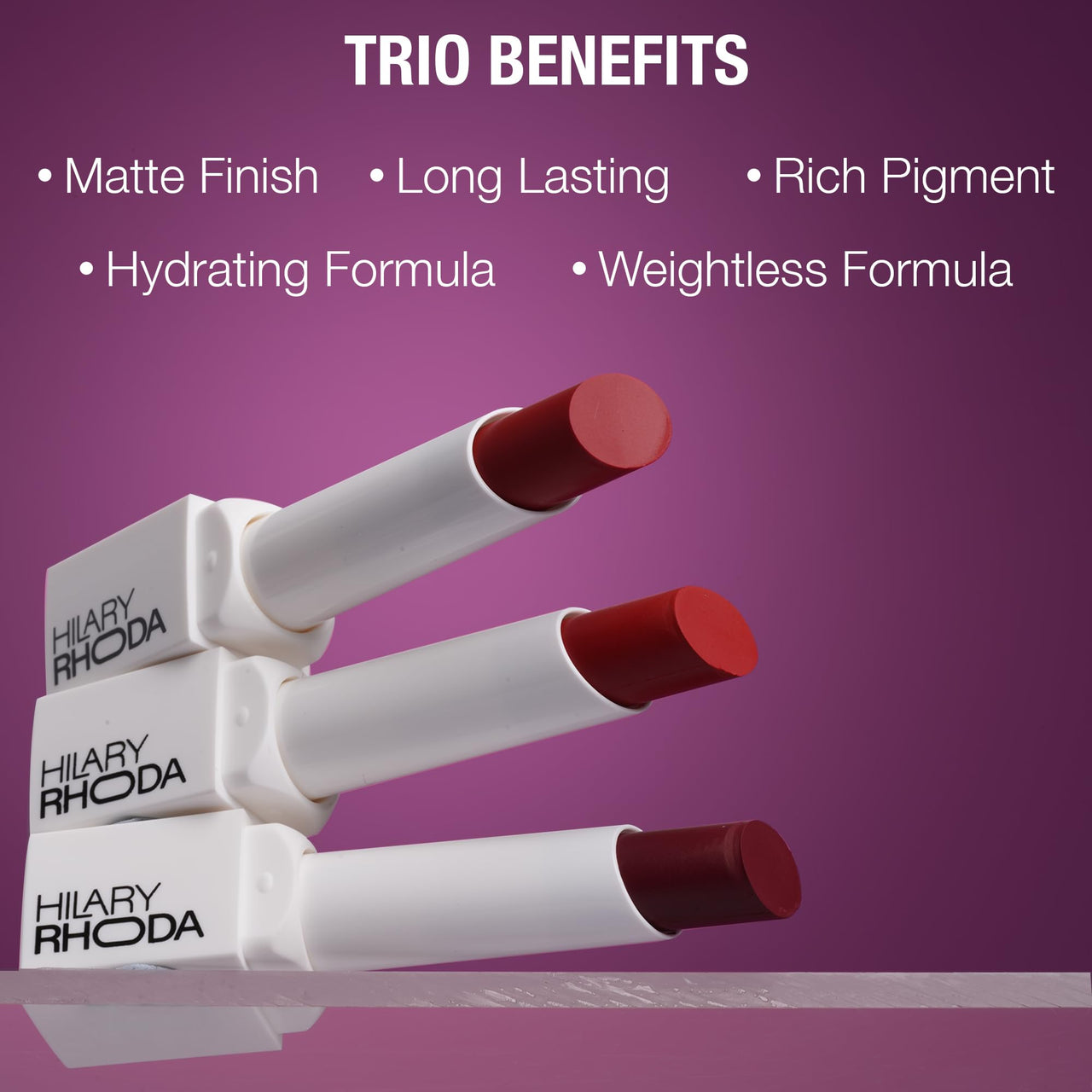 Hilary Rhoda Matte Trio Lipstick | Matte Finish & Long Lasting Lipstick | Pack of 3 Lipsticks | Highly Pigmented & Glides Smoothly | Vegan & Cruelty-Free - (Red-volution Trio, 3g x 3U)
