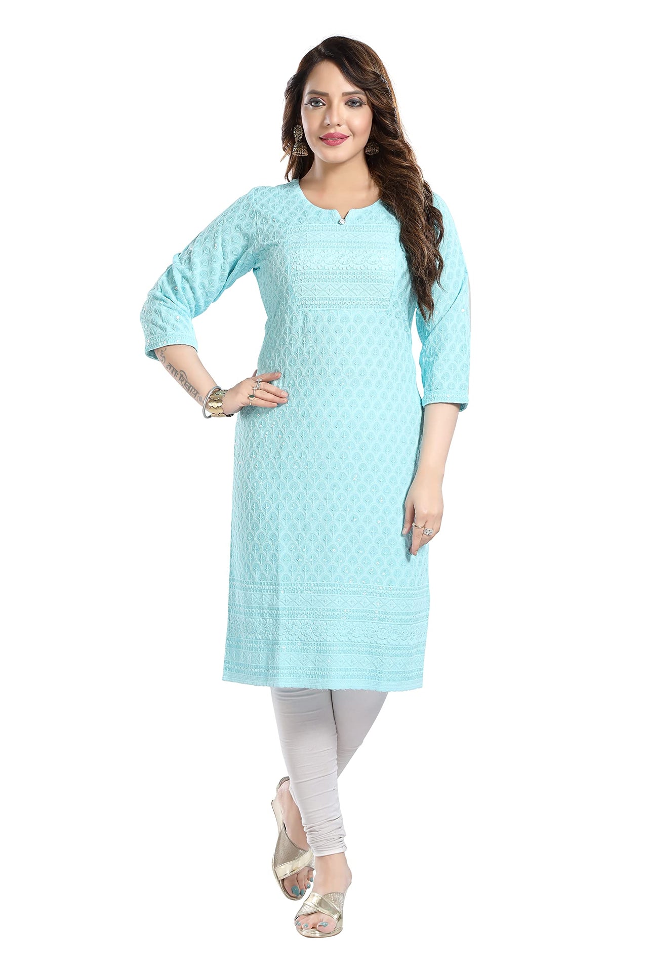 QUEEN SHIELD Women's  Knee Length Rayon Chikan-Kari KurtaKurti (QS_6631)