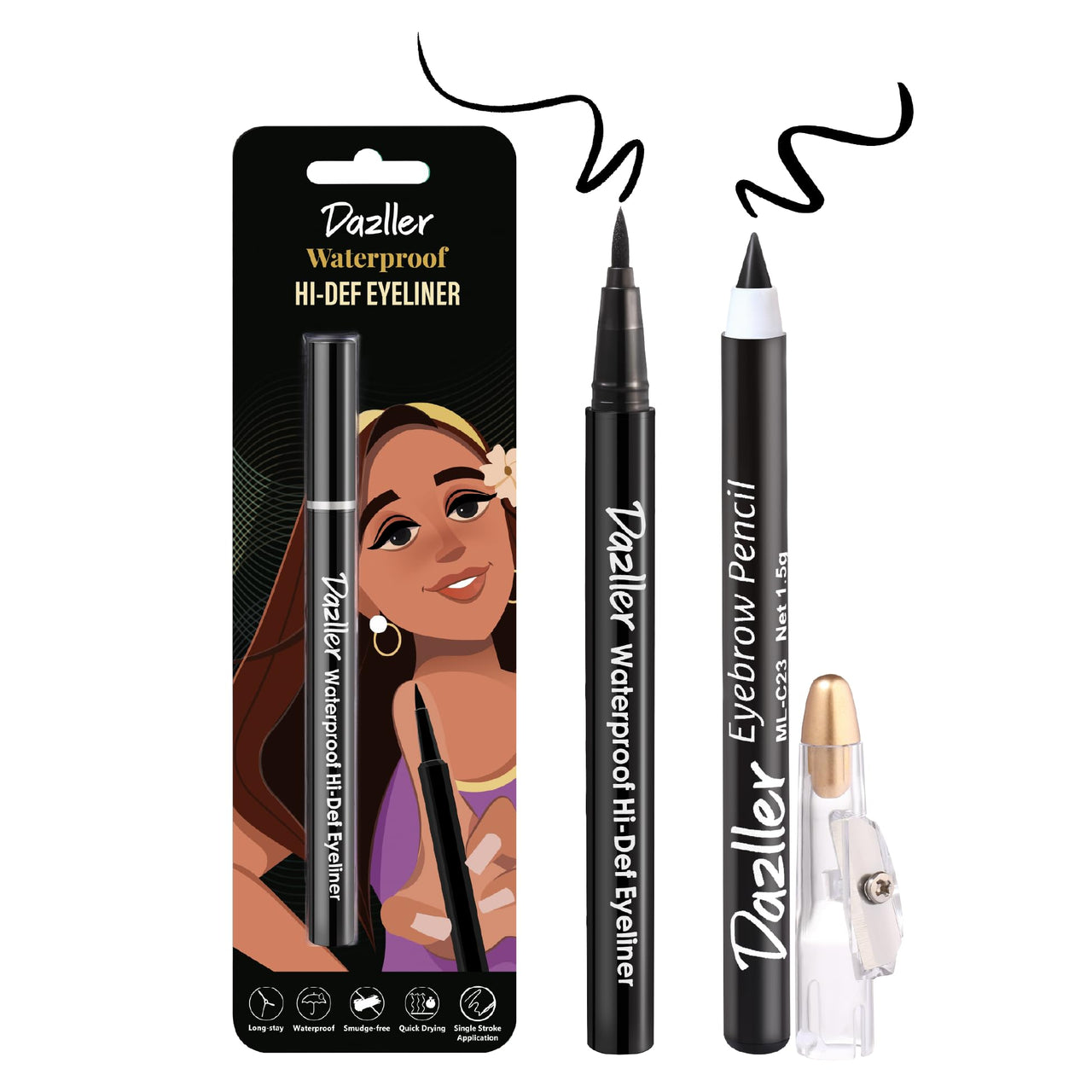 Dazller Hi-Def Eyeliner + Eyebrow Pencil |Velvet Matte|Water-Resistant|Smudge-Proof|Long Stay|Single Stroke|Precise Application|Black|1.1g + 1.5g