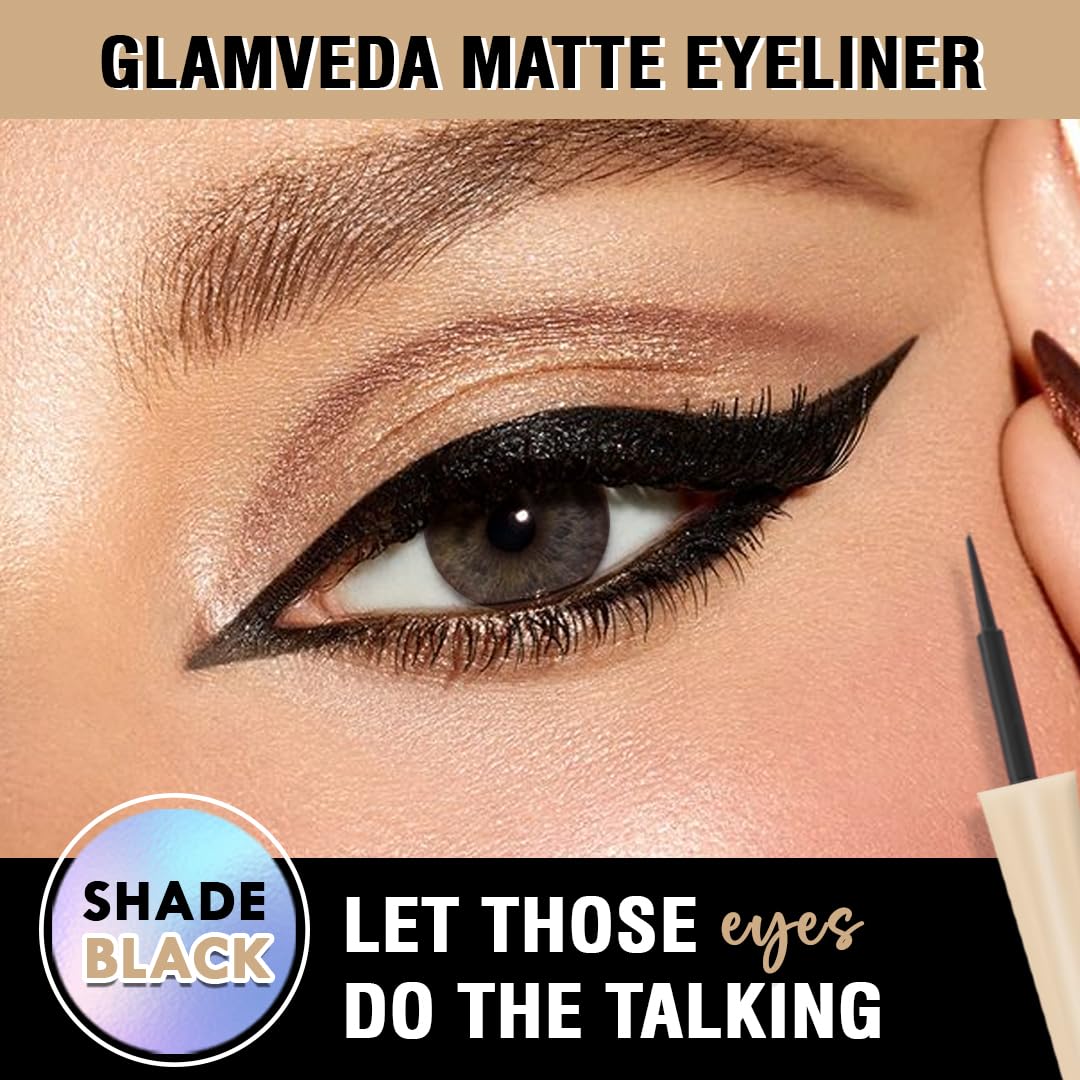 Glamveda Super Matte Liquid Eyeliner – Black, Smudge-Proof, Waterproof, Quick Drying | 24-Hour Long Stay | Smooth Application | Bold, Clean, Smudge-Free Look