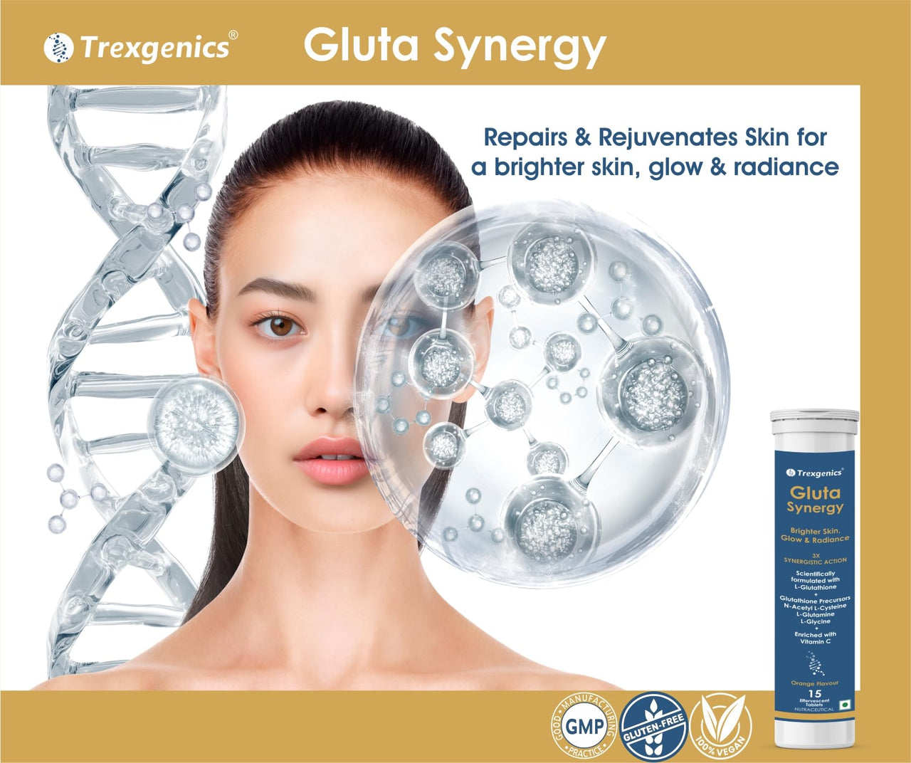 Trexgenics GLUTA SYNERGY L-Glutathione 500 mg + Glutathione Precursors 750 mg as N-Acetyl Cysteine, Glycine & Glutamine + Vitamin C Skin Glow, Radiance (2 Pack x 15 =30 Effervescent Tablets , Orange flavour
