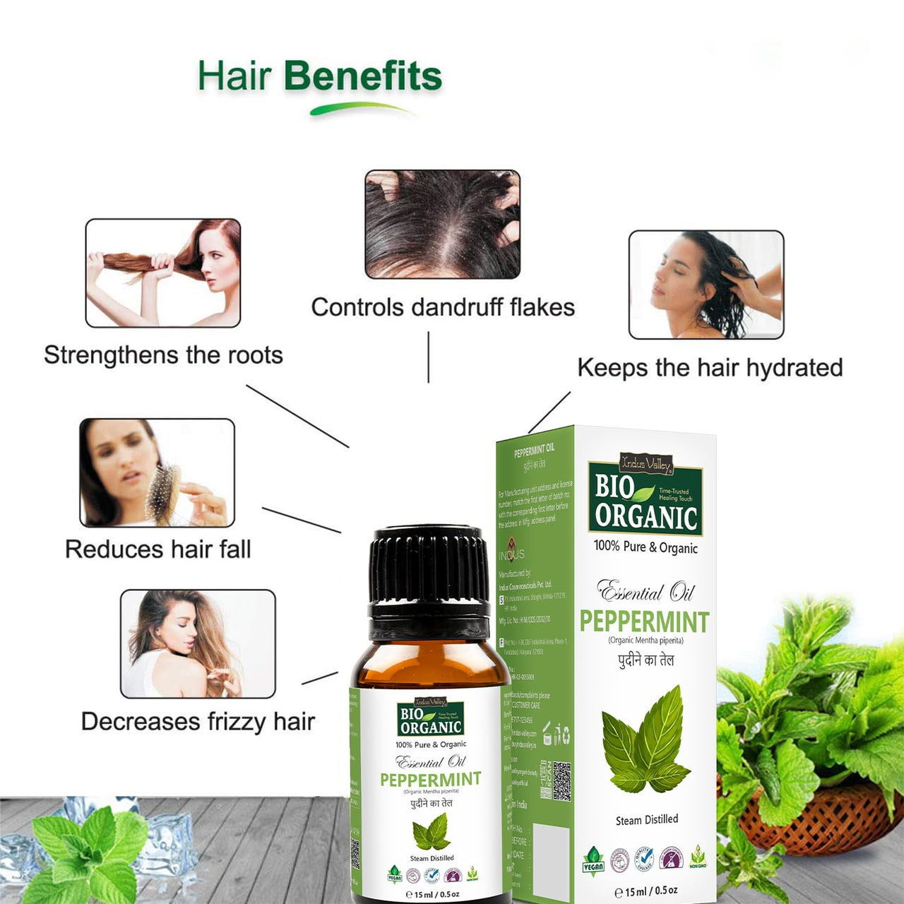 Indus Valley 100% Pure Natural & Organic, Undiluted Peppermint Essential Oil with Glass Dropper for Skin, Hair Care -15ml