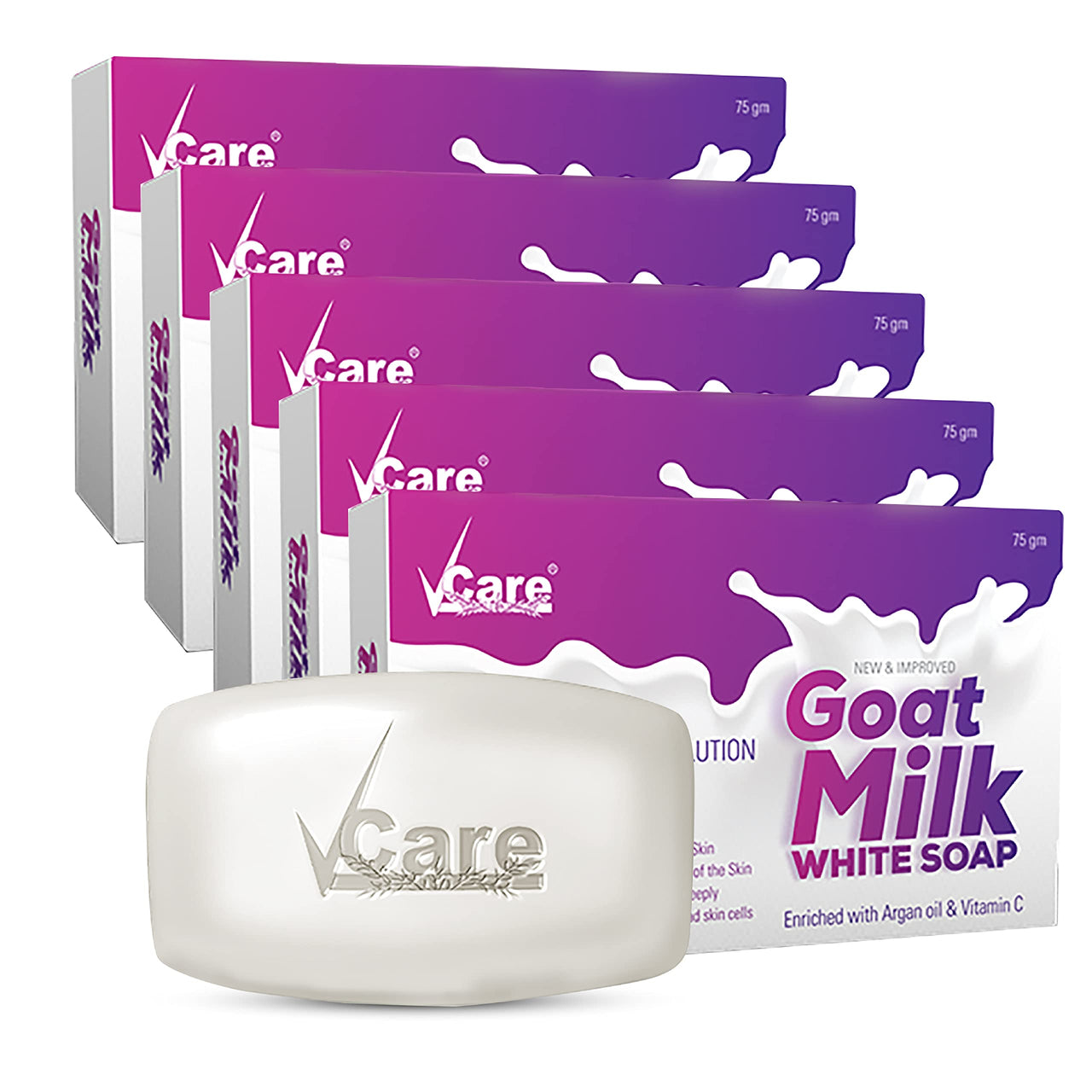 VCare Goat Milk Soap For Women & Men with Vitamin C Argan Oil for Deep Exfoliation and provides hydration | Sulfate & Paraben Free Bathing Soap Bar - 75 gms (Pack of 5)