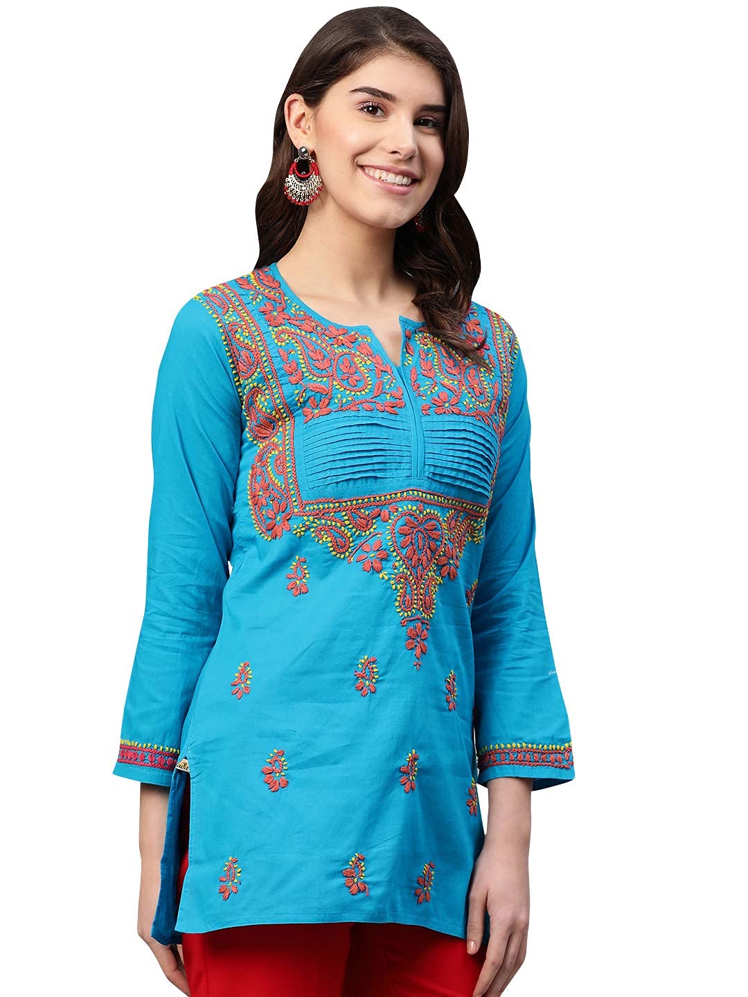 Ada Women's  Cotton Top Hand Embroidered Lucknowi Chikankari Tunic Kurti