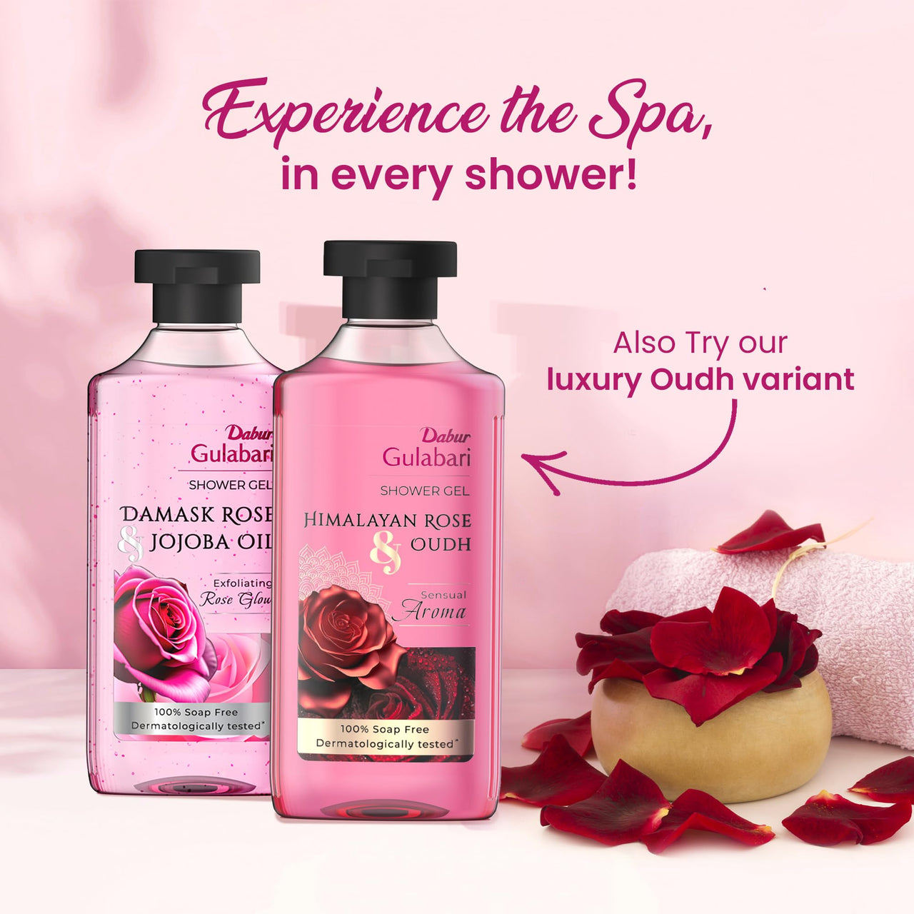 Dabur Gulabari Shower Gel-Damask Rose & Jojoba Oil - 250ml | Rose Extract Beads for Exfoliation | Damask Rose Fragrance | No Parabens & Silicones | 99% Pure Glycerine | 100% soap free body wash