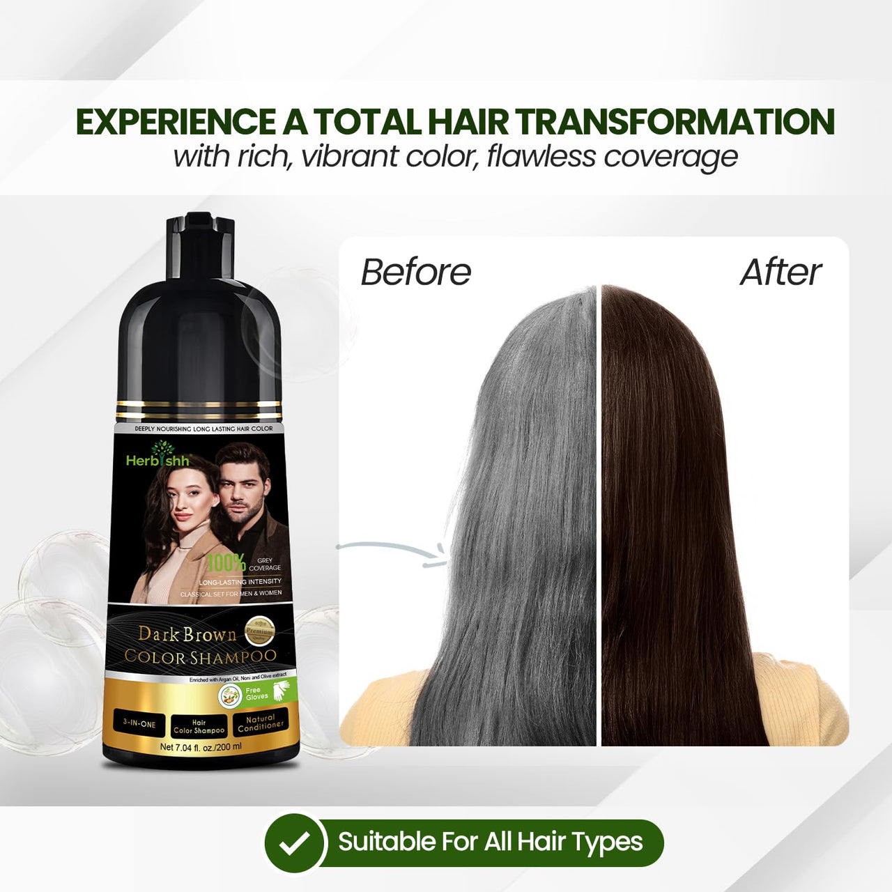 Herbishh Dark Brown Hair Color Shampoo, 3 in 1, 100% Grey Coverage, Hair Color for Men & Women, Long-lasting Color in 15-20 Mins, Ammonia-free, 200 ml