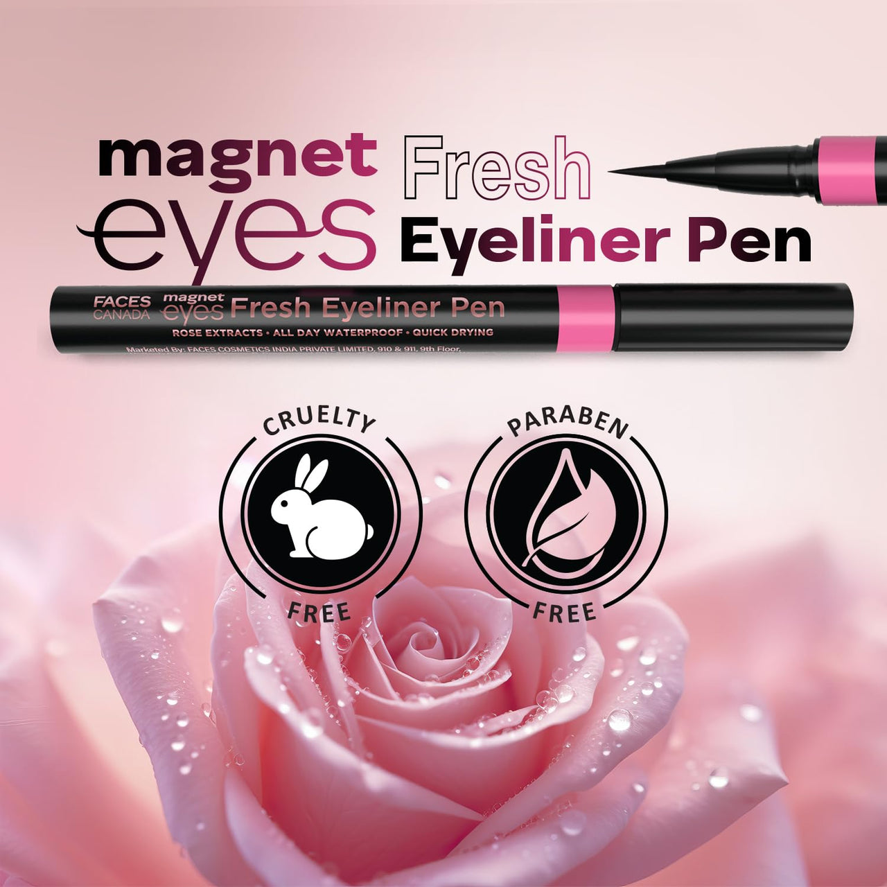 FACES CANADA Magneteyes Fresh Eyeliner Pen - Black, 1ml | All - Day Waterproof & Smudgeproof | Long-Lasting | Intense Color Payoff | Quick Drying & One Stroke Application | Rose Extract