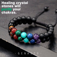 Mens Crystal Bracelet, GENASTO 7 Chakra Bracelet with Real Stones Tigers Eye Obsidan Amethyst Malachite Amazonite Lapis Lazuli Red Agate Beads Bracelets for Multi Healing Protection Balance