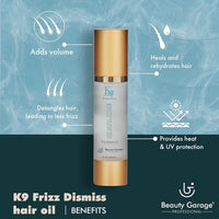Beauty Garage K9 Frizz Dismiss Hair Oil, 100 ml Anti Dandruff Hair Oil with Morocco Argan & Camellia for Smooth and Manageable Hair, Unscented, Daily Hair Care