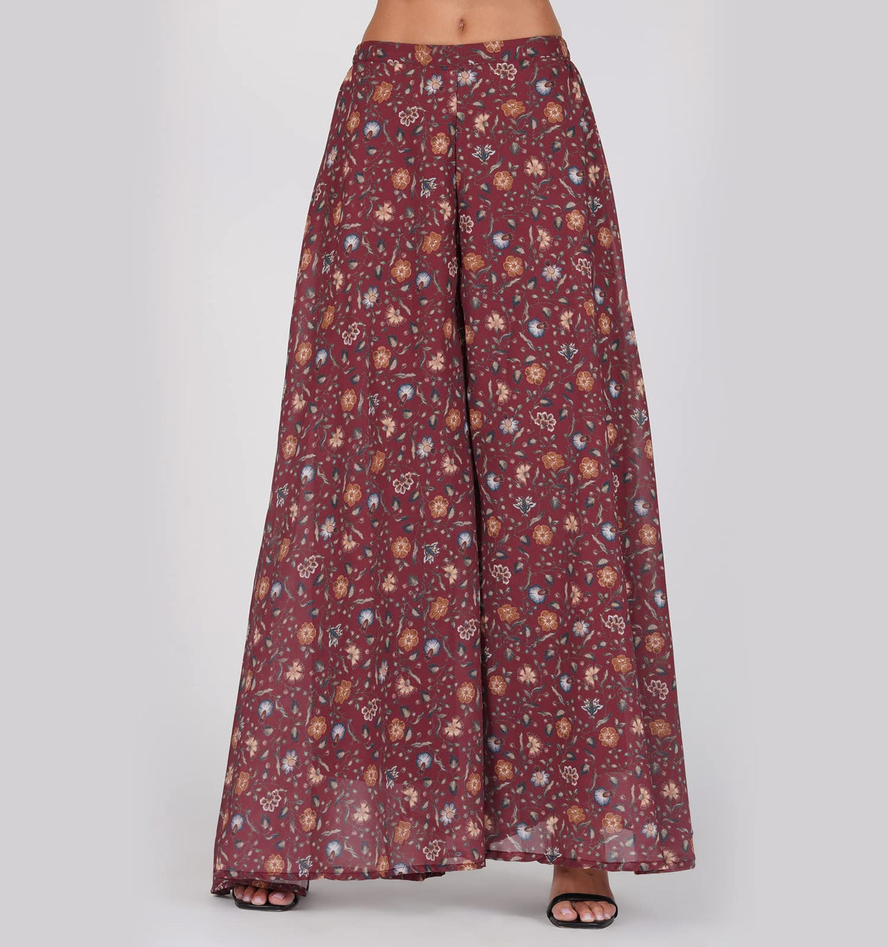 RATAN Women’s Georgette Flared Freesize Sharara Palazzo Pant with Lining M Maroon