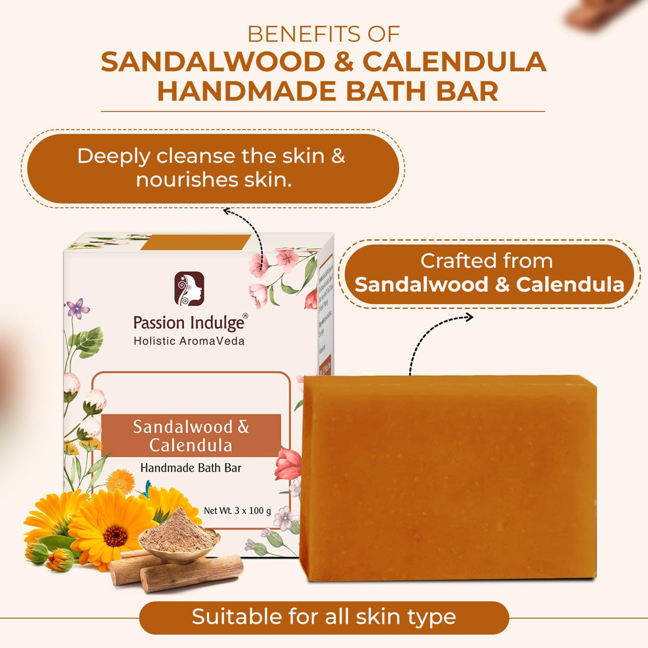 Passion Indulge Sandalwood Handmade Bath Soap PACK OF 3 (Each 100 gm)