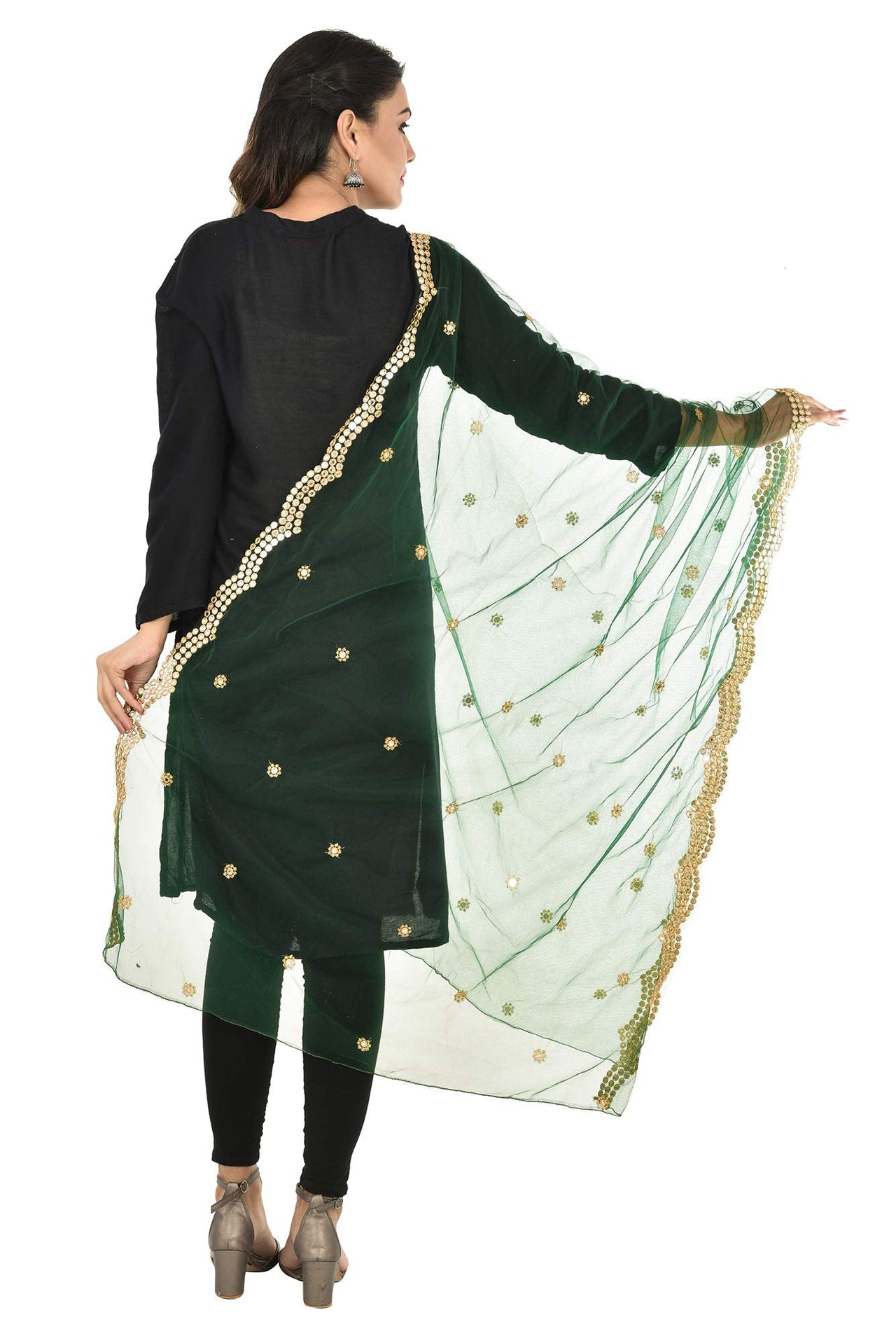 YOUTHQUAKE Heavy Embellished Plastic Mirror Net Dupatta for Womens & Girls