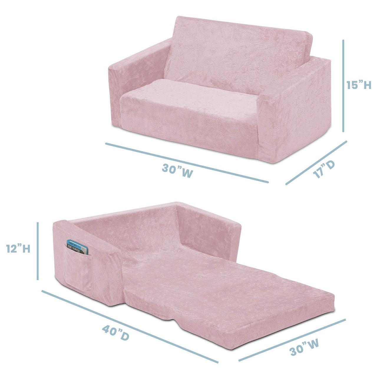 Serta Perfect Sleeper Extra Wide Convertible Sofa to Lounger - Comfy 2-in-1 Flip Open Couch/Sleeper for Kids, Pink