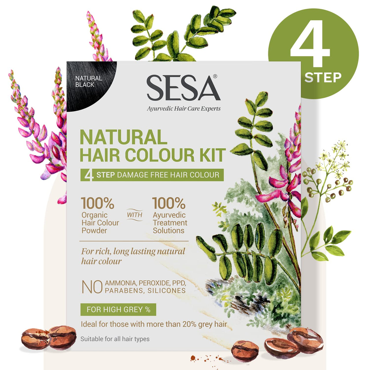 SESA 4 Step Natural Hair Colour Kit - For HIGH GREY% - 100% Organic & Ayurvedic - NO Ammonia, PPD, Peroxide, 200gm + 40ml