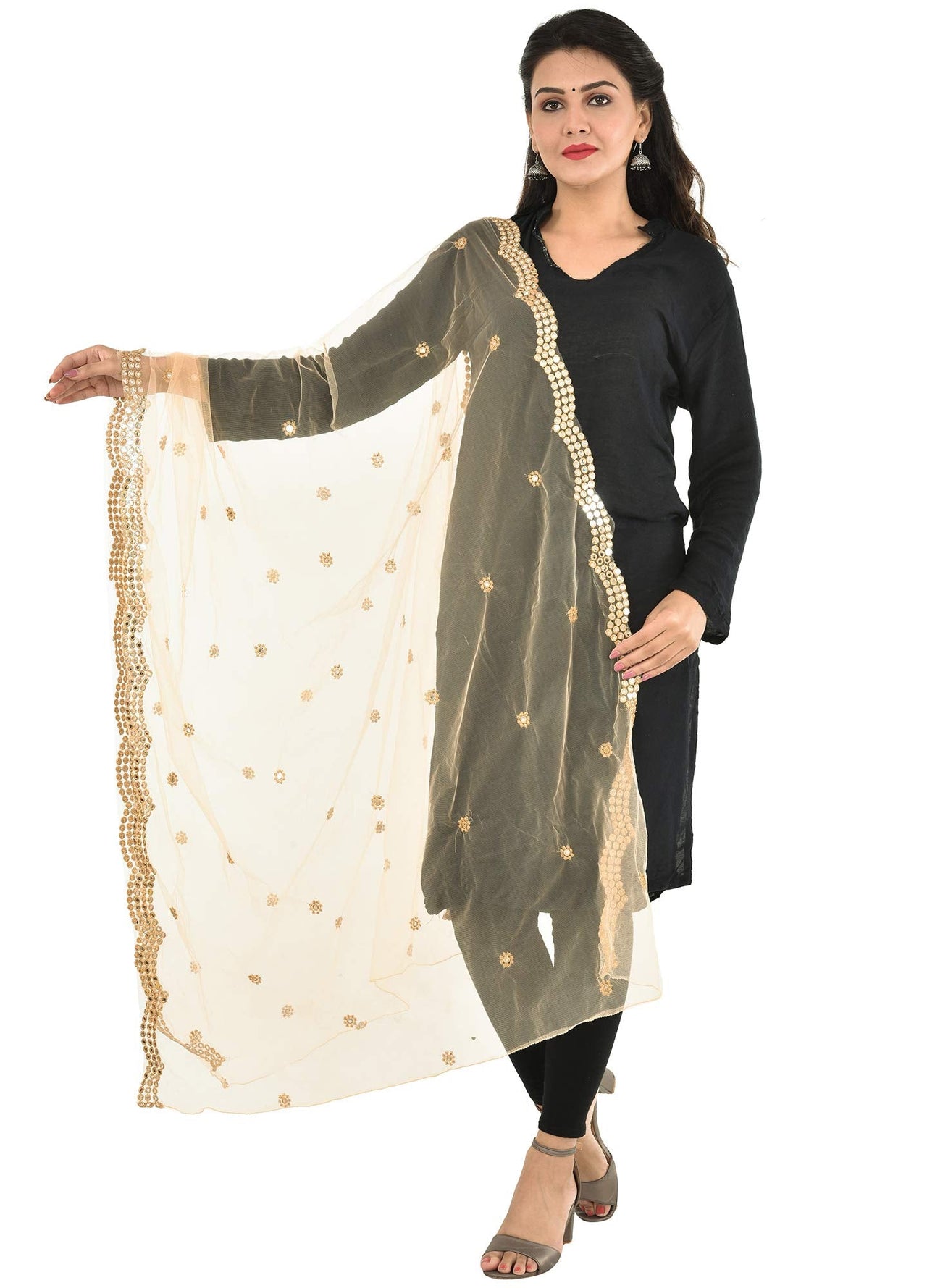YOUTHQUAKE Heavy Embellished Plastic Mirror Net Dupatta for Womens & Girls