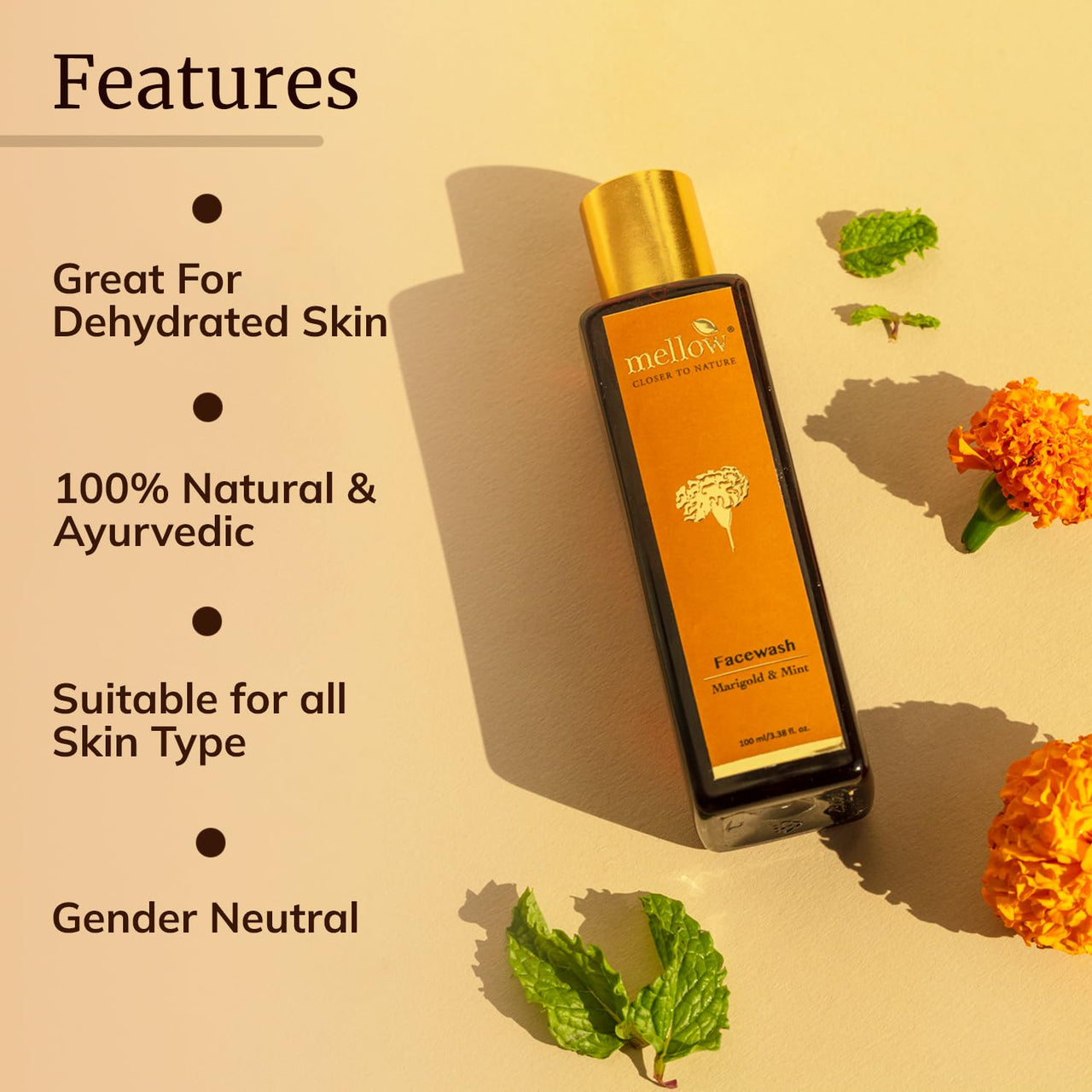 Mellow Herbals Marigold & Mint Facewash | Ayurvedic Face Cleanser for Clear & Glowing Skin | Enriched with Aloe Vera, Honey & Mint for Hydration & Oil Control | Sulphate-Free, Paraben-Free & Ayush Certified | 200ml
