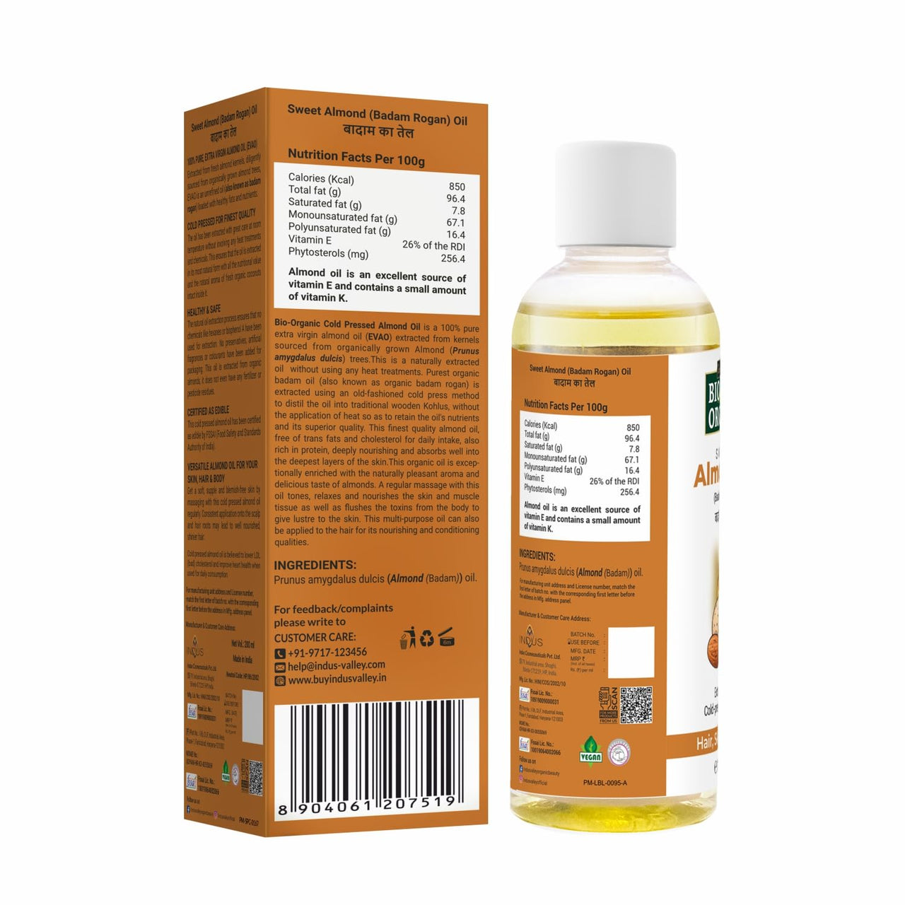 INDUS VALLEY Roghan Badam Sweet Almond Oil for Hair & Skin No Mineral Oil & Sulphate - Set of 2 (100ml*2=200ml)