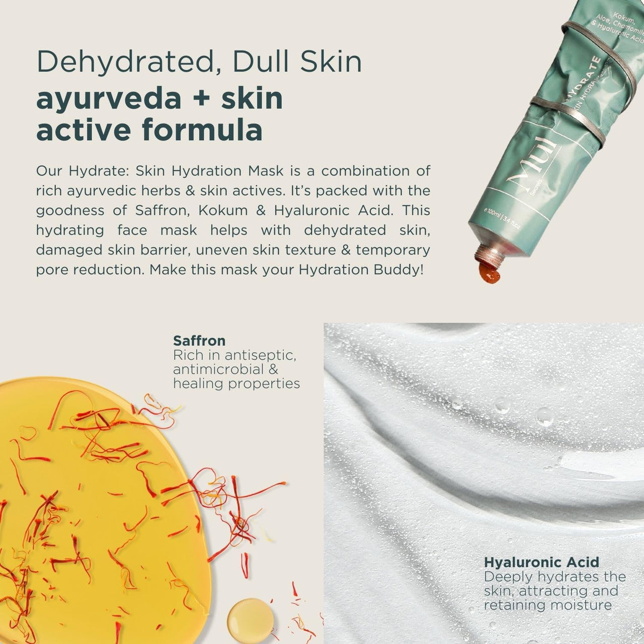 Mul Secrets 100 ml Hydrate Facemask & Scrub - Dry Skin Hydration, Softening, Brightening & Plump Skin - Hyaluronic Acid, Chamomile & Saffron - 30+ Uses - 50mlx2
