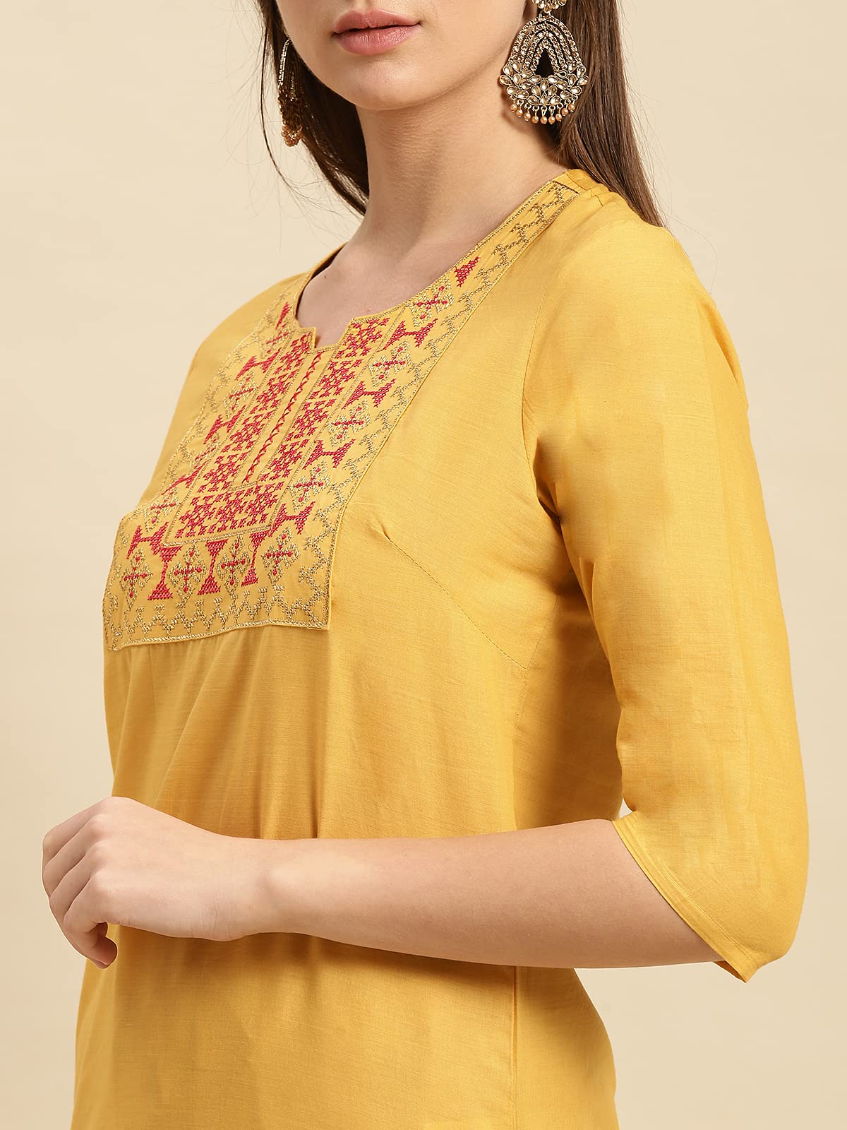 rangita Women 100% Cotton Yoke Zari Embroidered Knee Length Straight Kurti