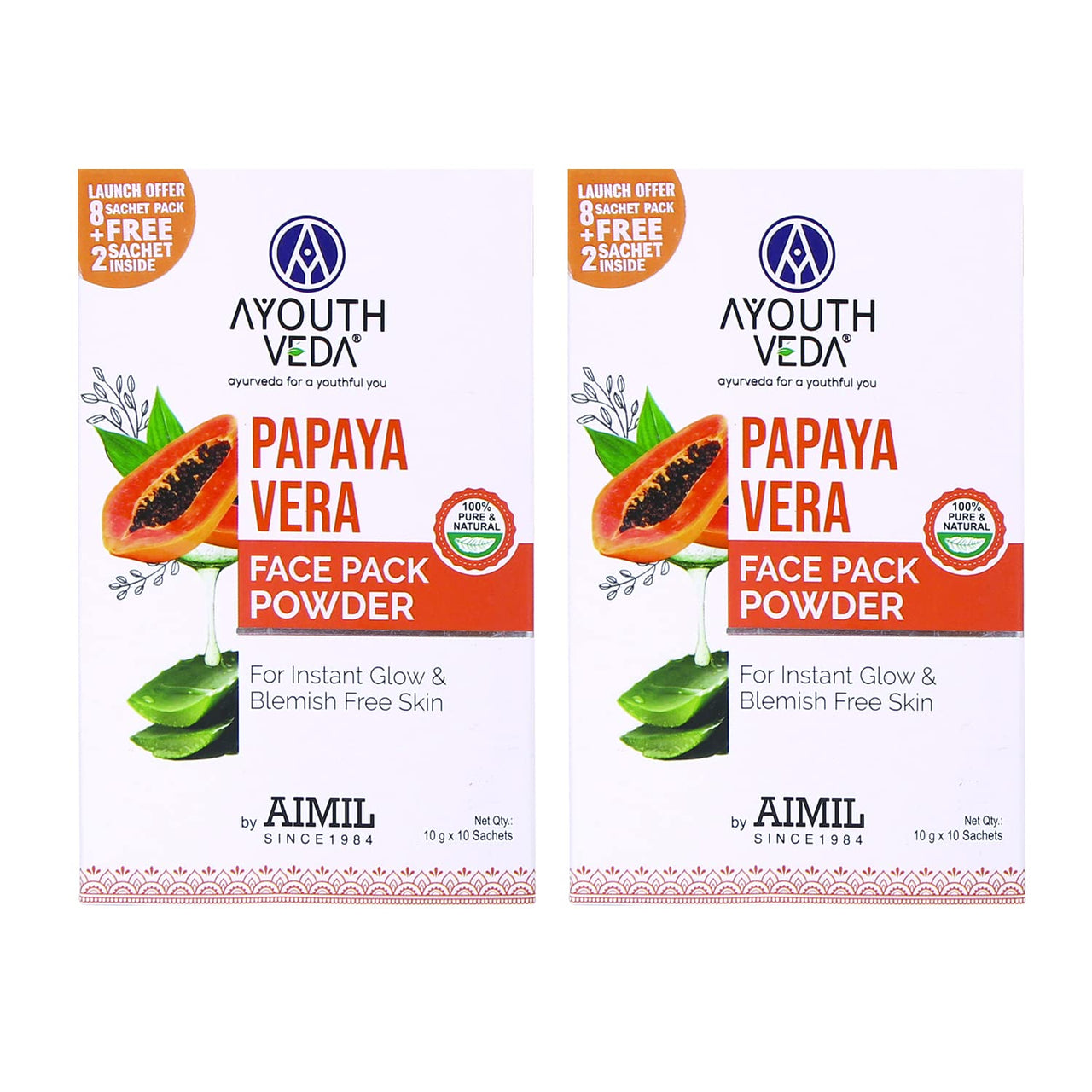 Ayouthveda Papaya and Aloe Vera Face Pack Powder for Glowing & Rejuvenating Skin| Removes Blemish & Wrinkle & Promotes Skin Health| Suitable for all skin Type (10g X 10 Sachets) (Pack of 2)
