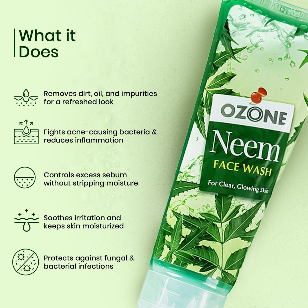 Ozone Neem Face Wash | Enriched with Neem, Aloe Vera, Lemon & Clove | For Deep Cleansing, Anti-Pollution, Soft, Smooth & Glowing Skin | For Men & Women | 100ml (Pack of 3)