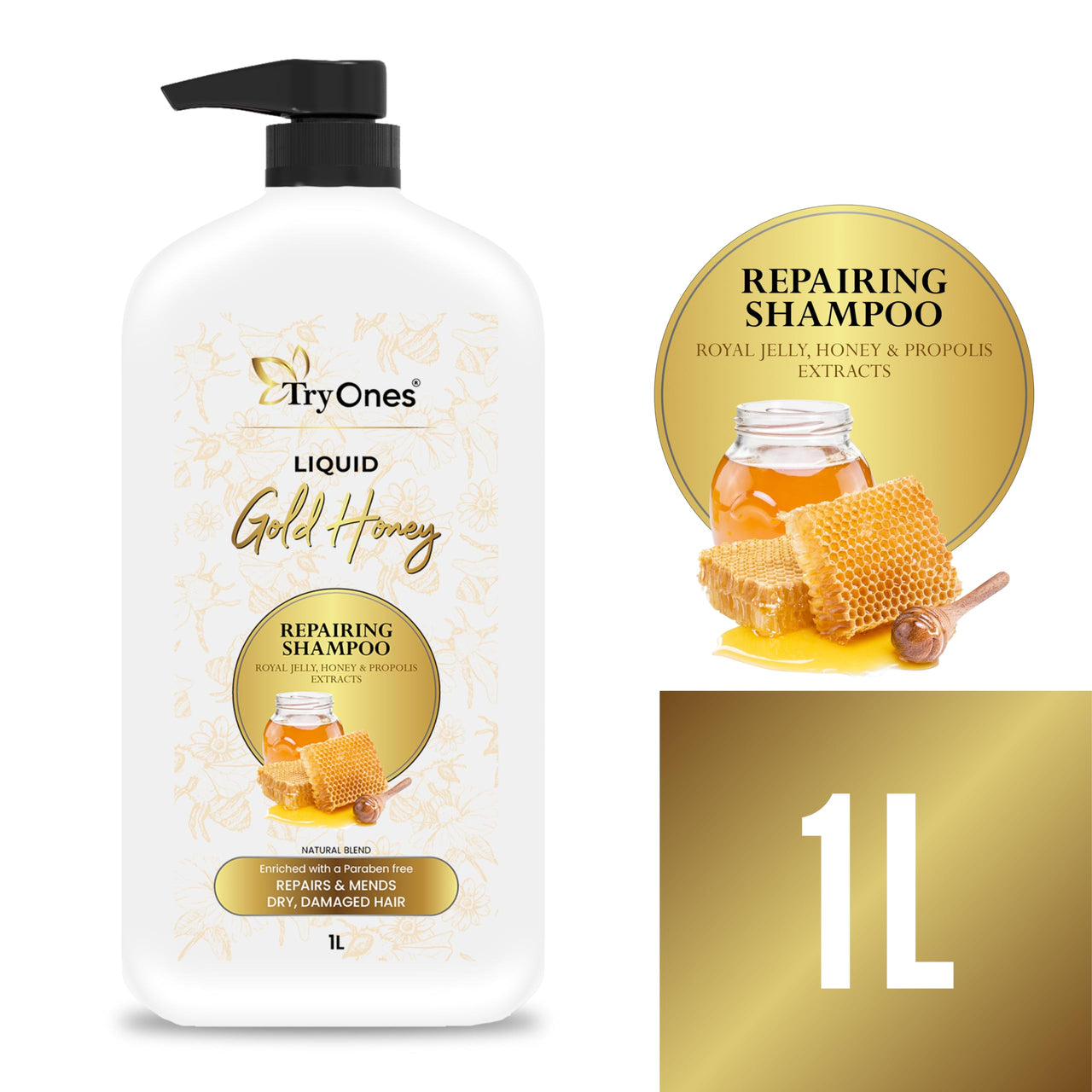 TryOnes Liquid Honey Shampoo Shampoo For Dry & Damaged Hair | No Paraben | with Honey & Nourishing Oil 1000 ml