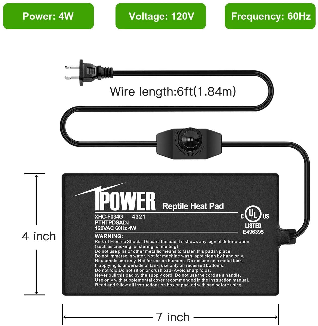 iPower 4 by 7-Inch 4 Watts Reptile Heating Mat with Temperature Controller Under Tank Warmer Terrarium Heat Pad for Reptiles and Amphibians, Black 4" x 7" Black/Heat Pad With Adjust Knob