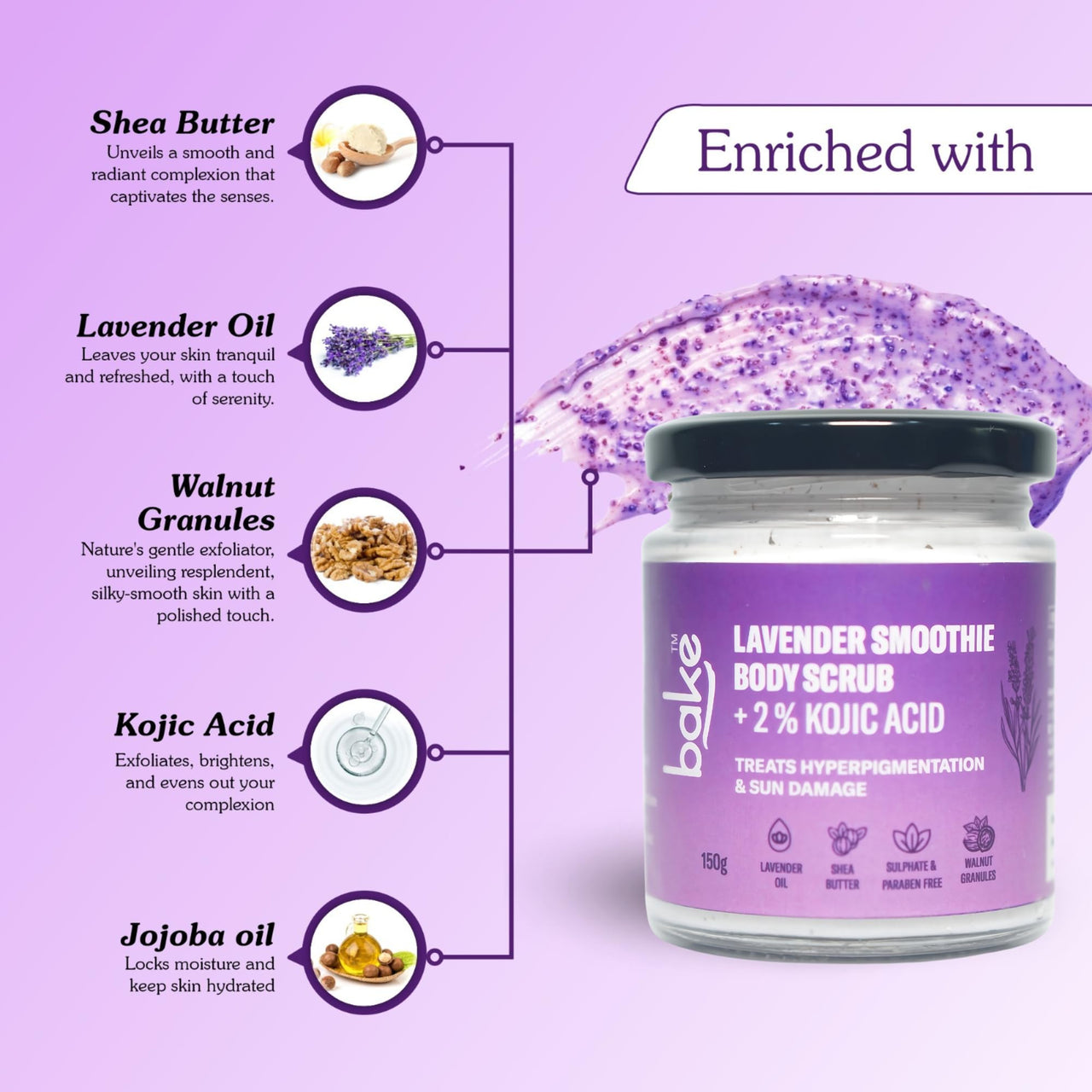 BAKE 2% Kojic Acid Lavender Smoothie Body Scrub for Women & Men | Skin Brightening, Treats Hyperpigmentation & Tan Removal | Shea Butter, Walnut Granules, Jojoba Oil | 150g