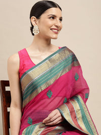 leeza store Women's  Jacquard Dobby Butta Butti Rich Kota Doria Cotton Silk Saree With Blouse Piece Green