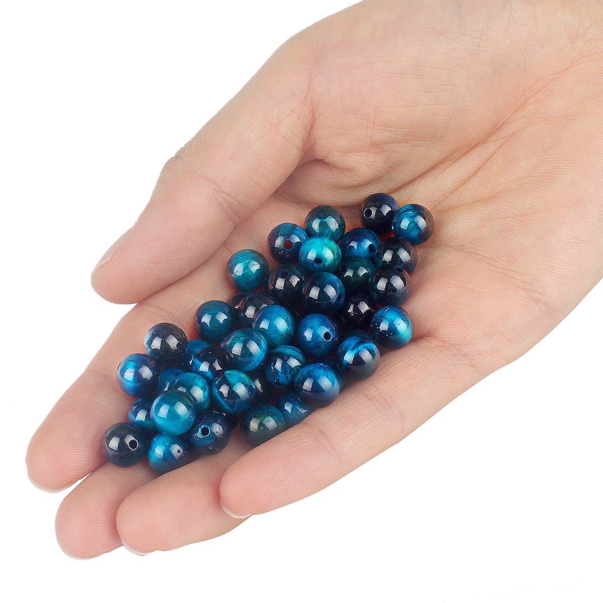70PCS Natural 8MM Healing Gemstone, Blue Tiger’s Eye Energy Stone Round Loose Beads, Semi-Precious Crystal Beads with Free Elastic String for Jewelry Making DIY