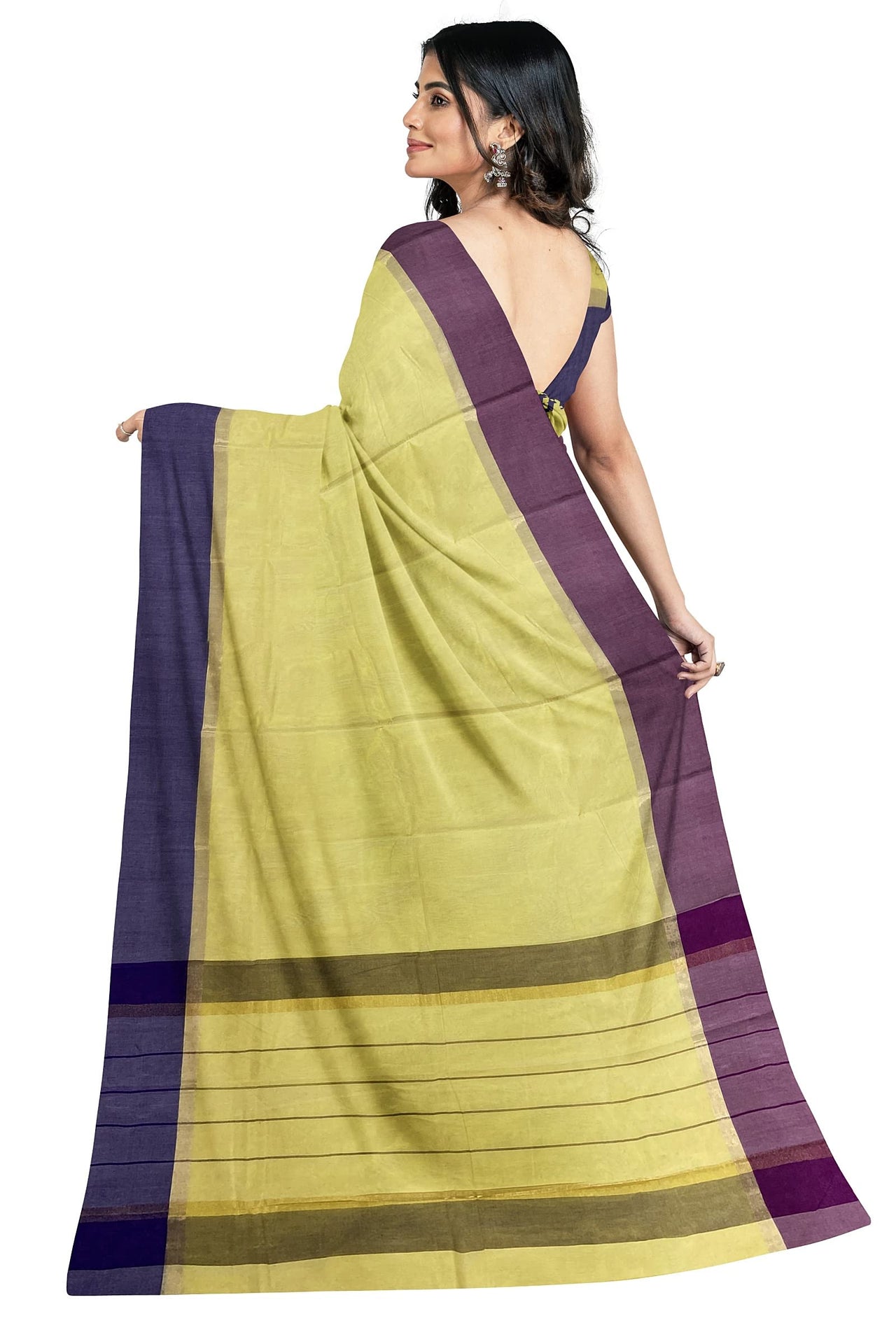 SENSAN Women’s Handloom Kanchi Cotton Saree with Blouse Piece [SKU:430] Light Beige×Navy Blue