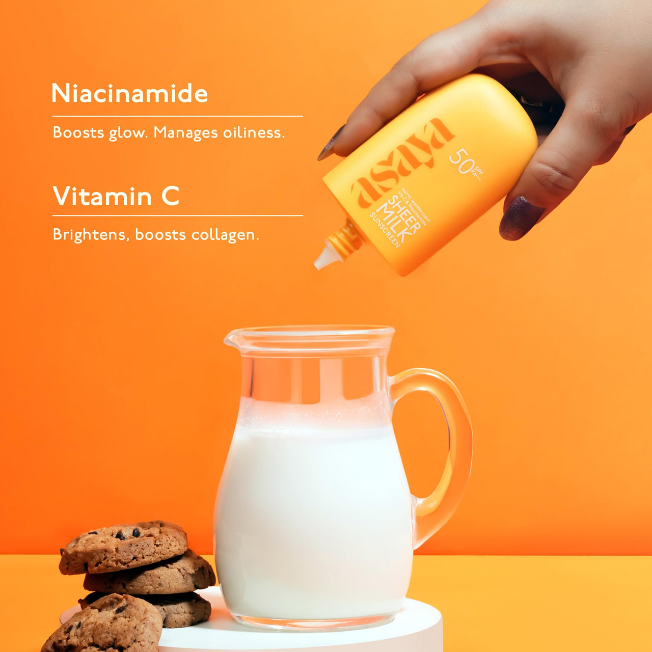 Asaya Sheer Milk Sunscreen SPF 50 PA++++ UVA + UVB | Lightweight Fluid Sunscreen with Niacinamide for Brightening & Barrier Support | Water Based for Acne skin | Matte & Quick Absorbing | For Acne-Prone, Oily or Combination Skin, 50 ml