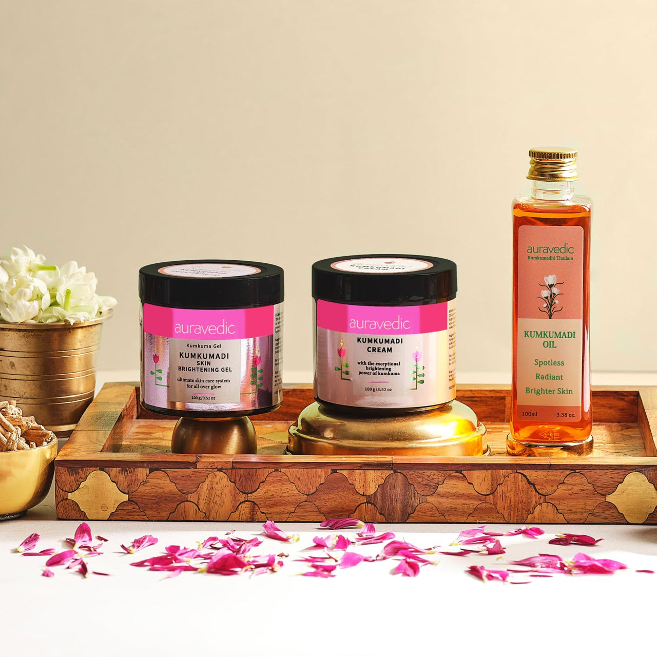 Auravedic Kumkumadi tailam,Gel and Kumkumadi face cream 100 ml 100g 100 g pack of 3 face oil for glowing skin