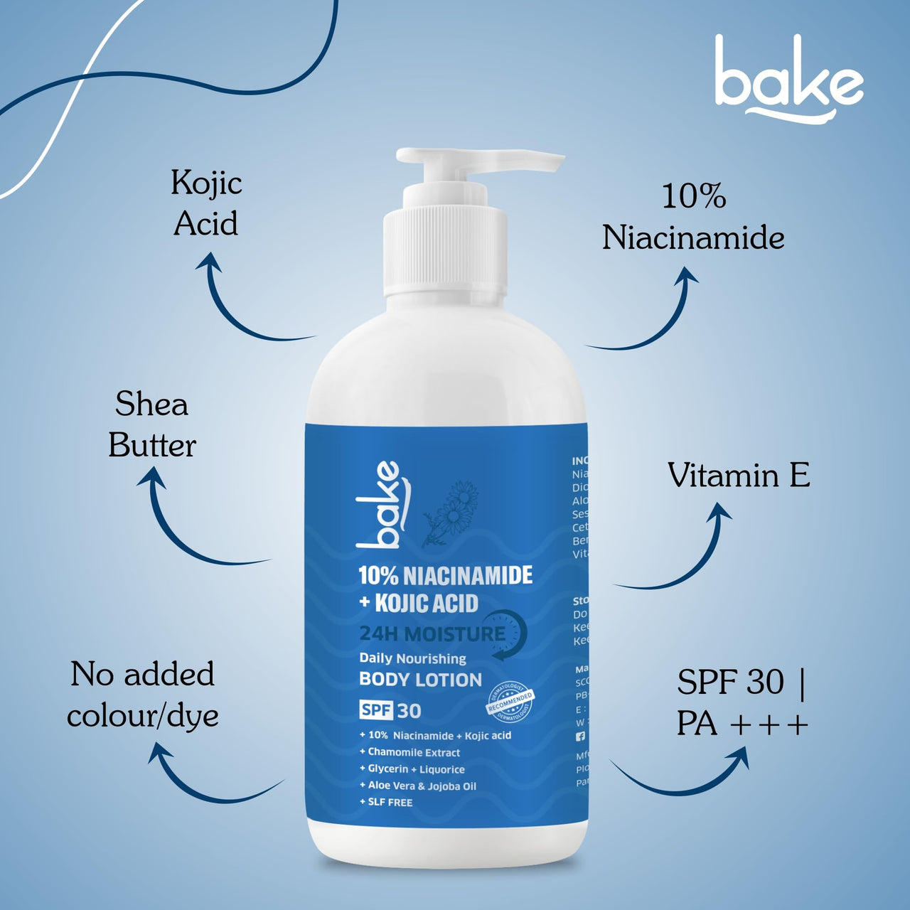 BAKE 10% Niacinamide Body Lotion SPF 30 with Kojic Acid for Acne Marks & Dark Spots, Pigmentation, Tan Removal | For Women & Men | 200ml