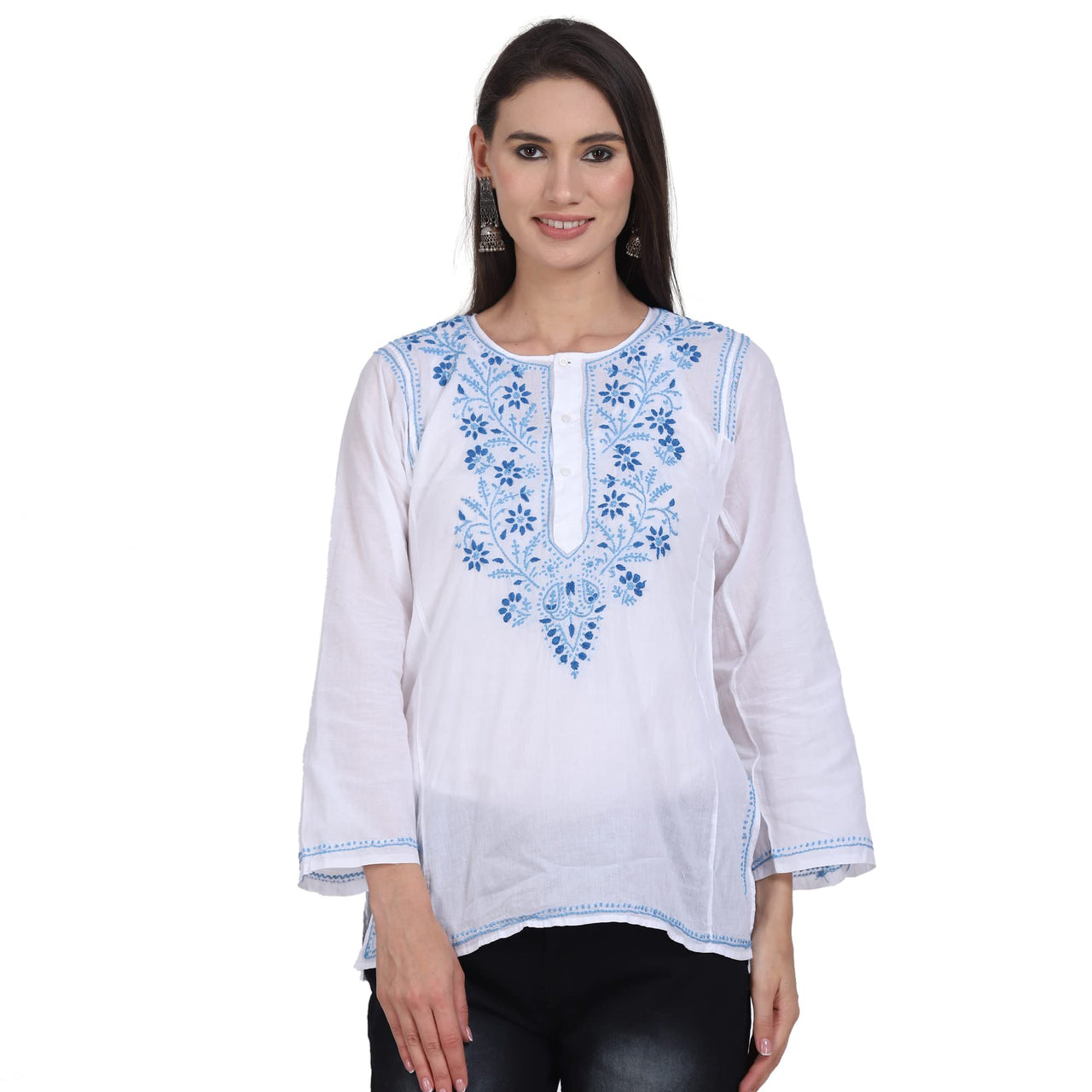 Paramount Women's  Chikankari Cotton White Straight Short Kurta Navy XS