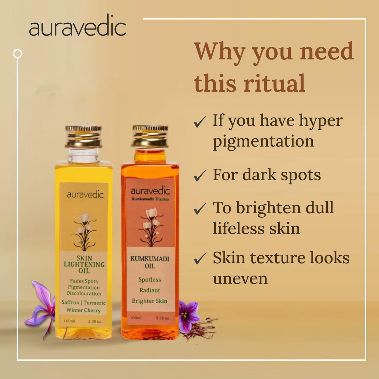 Auravedic Kumkumadi Oil For Face 100ml & Ashwagandha Saffron Turmeric Pigmentation Serum100ml Kumkumadi Tailam Face Oil Body Oil After Bath For Daily Use