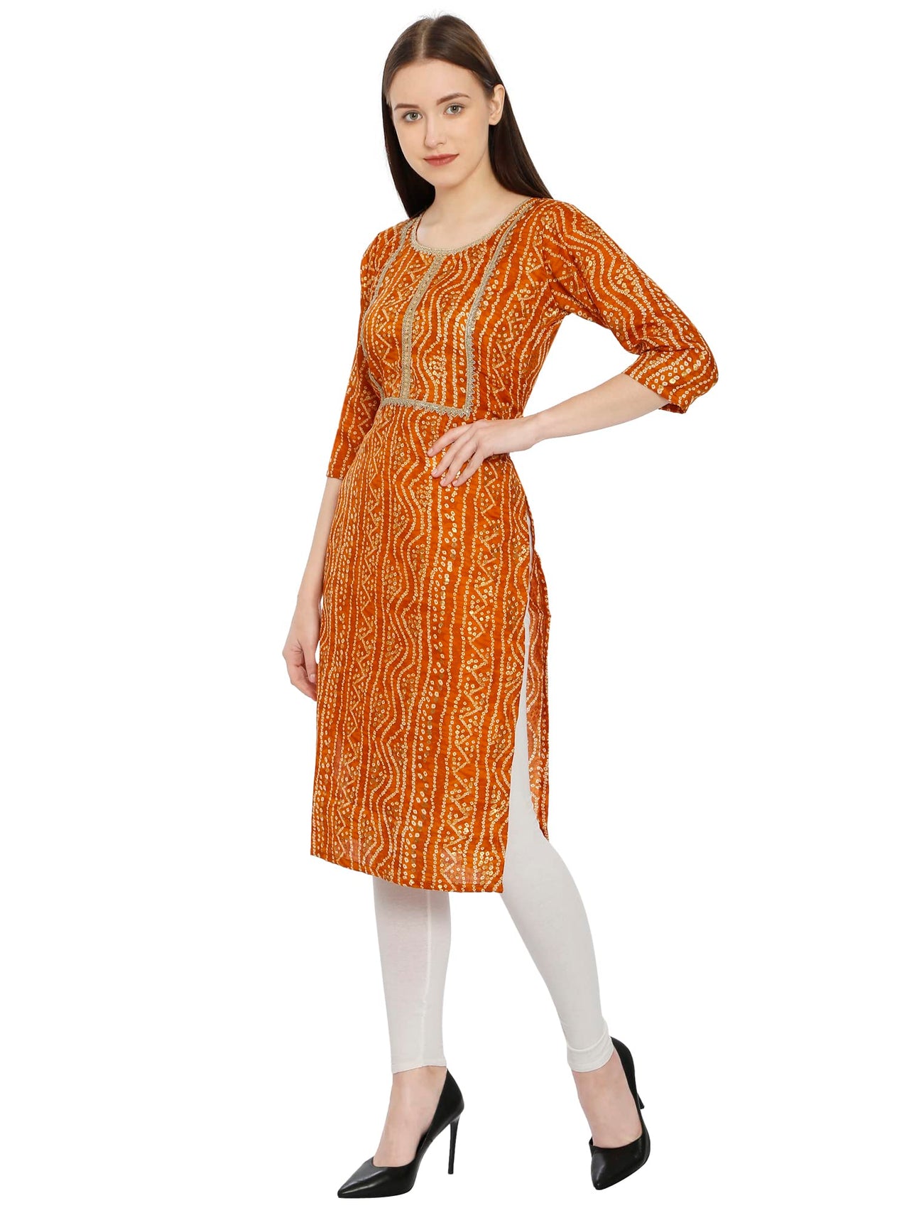 InTrend Forever Bandhani Foil Print Designer || Cotton Kurta for Ladies || Straight Fit || Zari & Sequins lace || Kurtis for Women