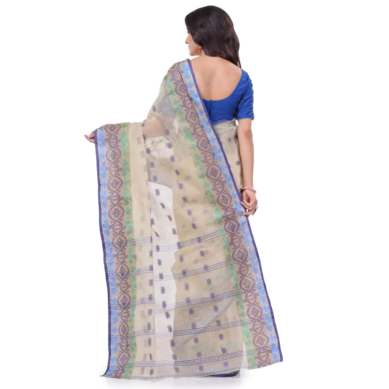 dB DESH BIDESH Women`s Traditional Bengal Tant Tri Leaf Woven Design Pure Handloom Cotton Saree Without Blouse Piece