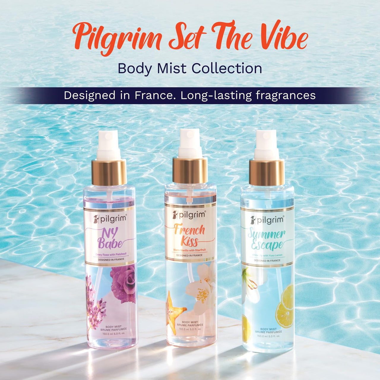 Pilgrim Set The Vibe Body Mist Collection (Vanilla, Patchouli, Lemon) | Body Mist for women long lasting | Body Spray for Women | Perfume Gift set for women | Designed in France | 150 ml