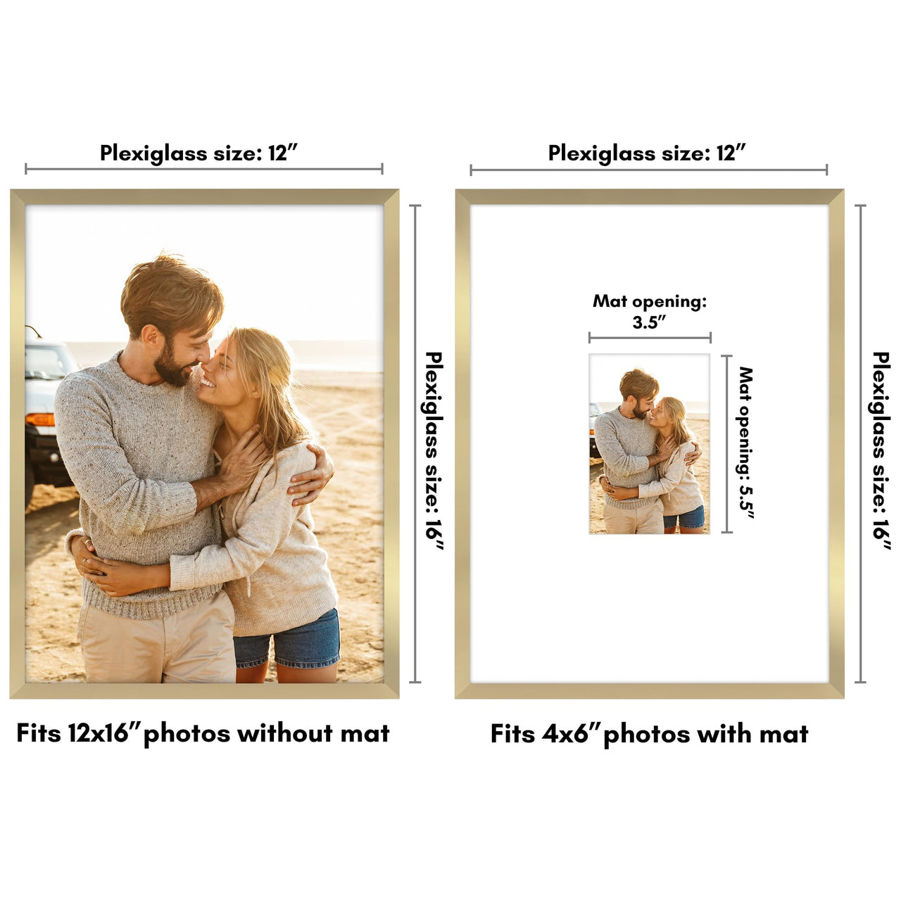 Americanflat 12x16 Picture Frame in Gold - Use as 4x6 Picture Frame with Mat or 12x16 Frame Without Mat - Thin Border Photo Frame with Plexiglass Cover - Vertical or Horizontal Wall Display