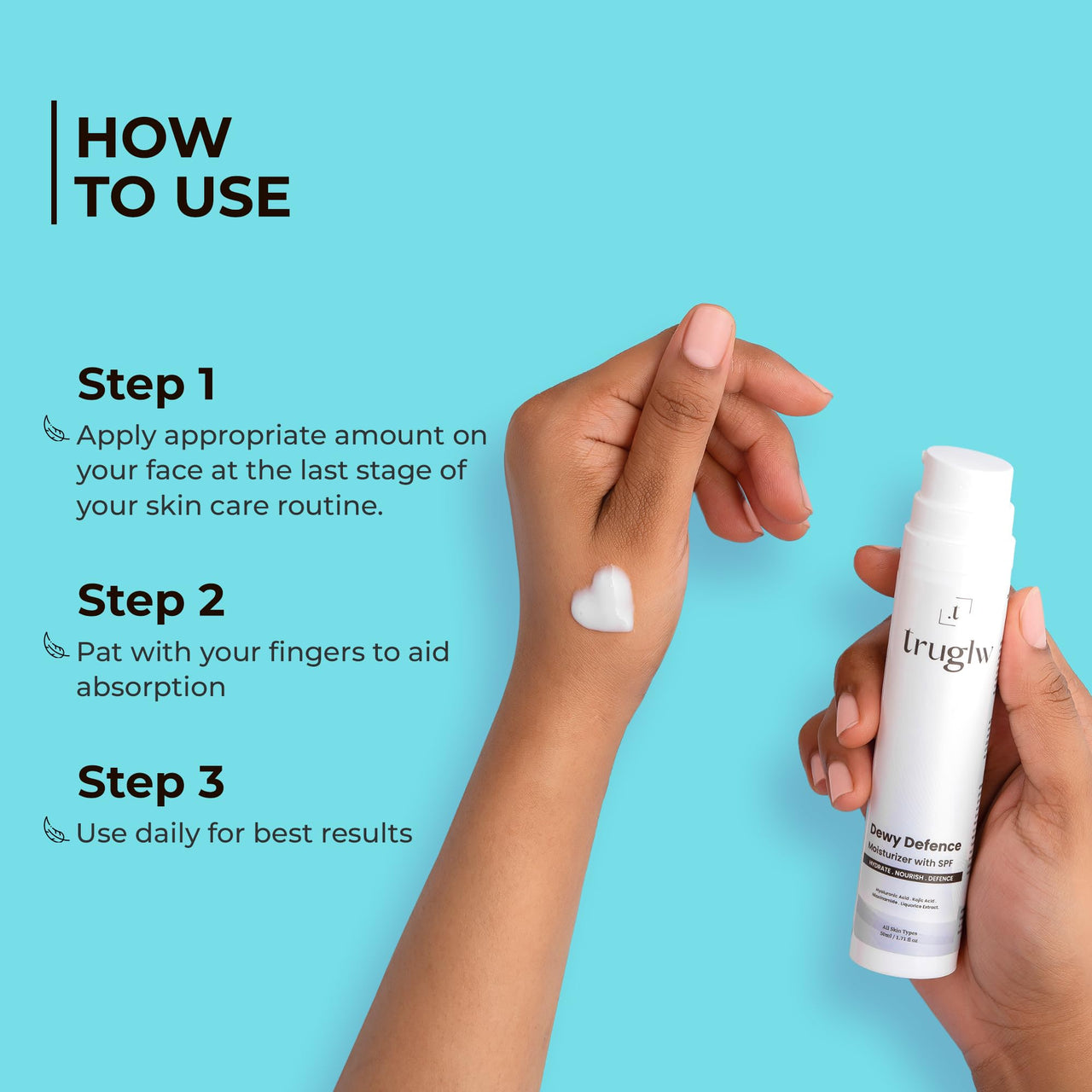 Truglw Dewy Defence Moisturizer with SPF | Hyaluronic Acid, Kojic Acid & Niacinamide | Hydrating, Brightening & Lightweight Sunscreen Moisturizer for Glowing Skin | Non-Sticky & Fast-Absorbing – 50ml