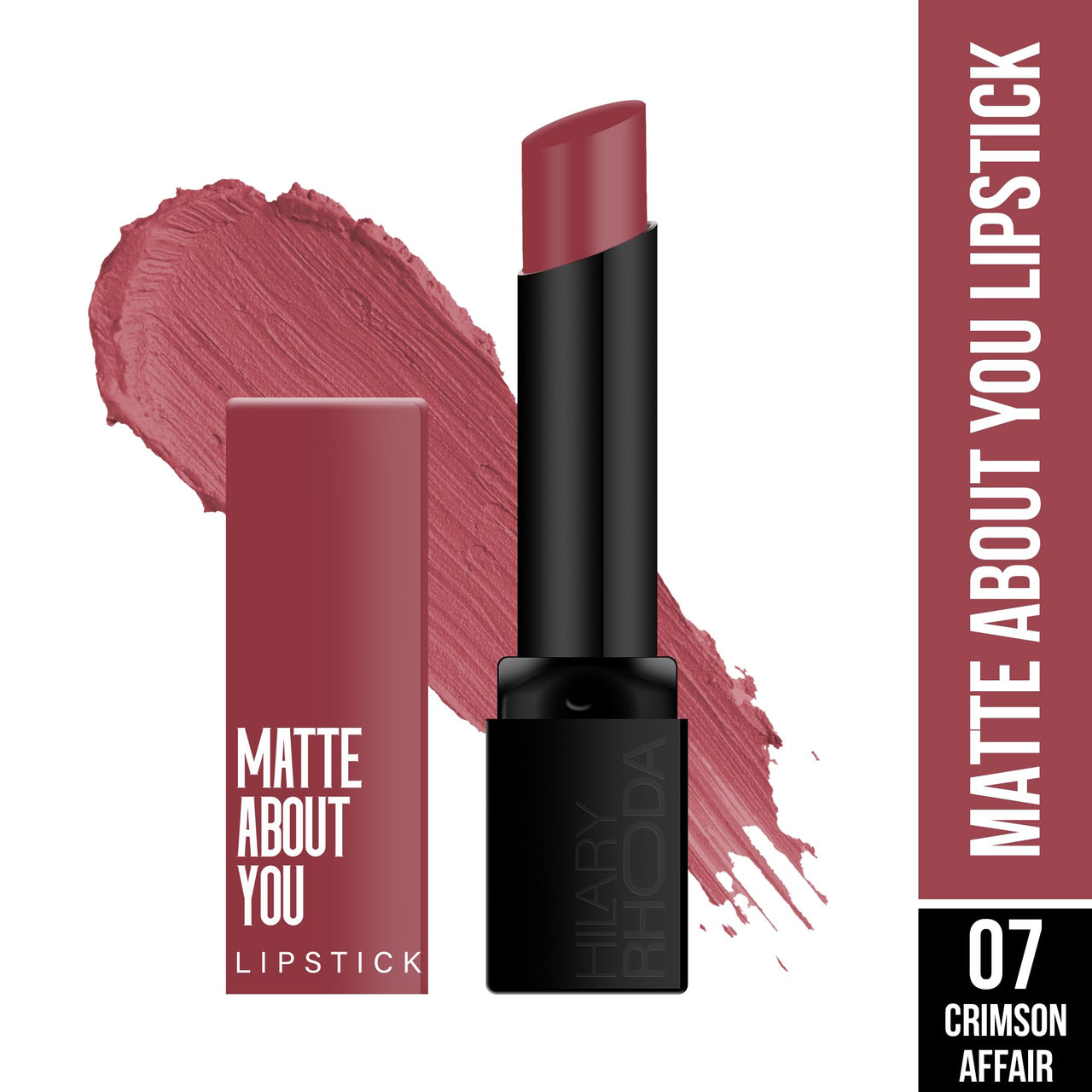 Hilary Rhoda Matte About You Lipstick | Long Lasting & Highly Pigmented Lipstick | Glides Smoothly | Matte Finish | One Stroke Application | Cruelty-Free & Vegan (Crimson Affair - Shade 07, 3g)