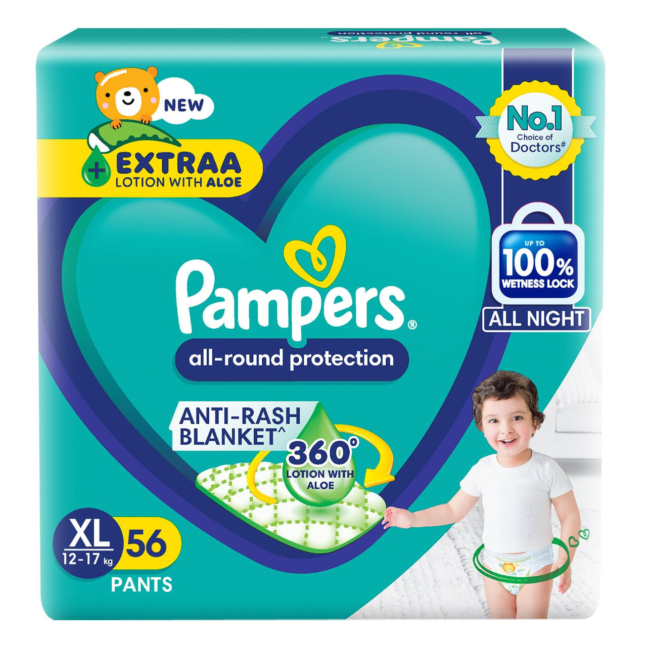 Pampers All round Protection Pants Style Baby Diapers, X-Large (XL) Size, 56 Count, Anti Rash Blanket, Lotion with Aloe Vera, 12-17kg Diapers