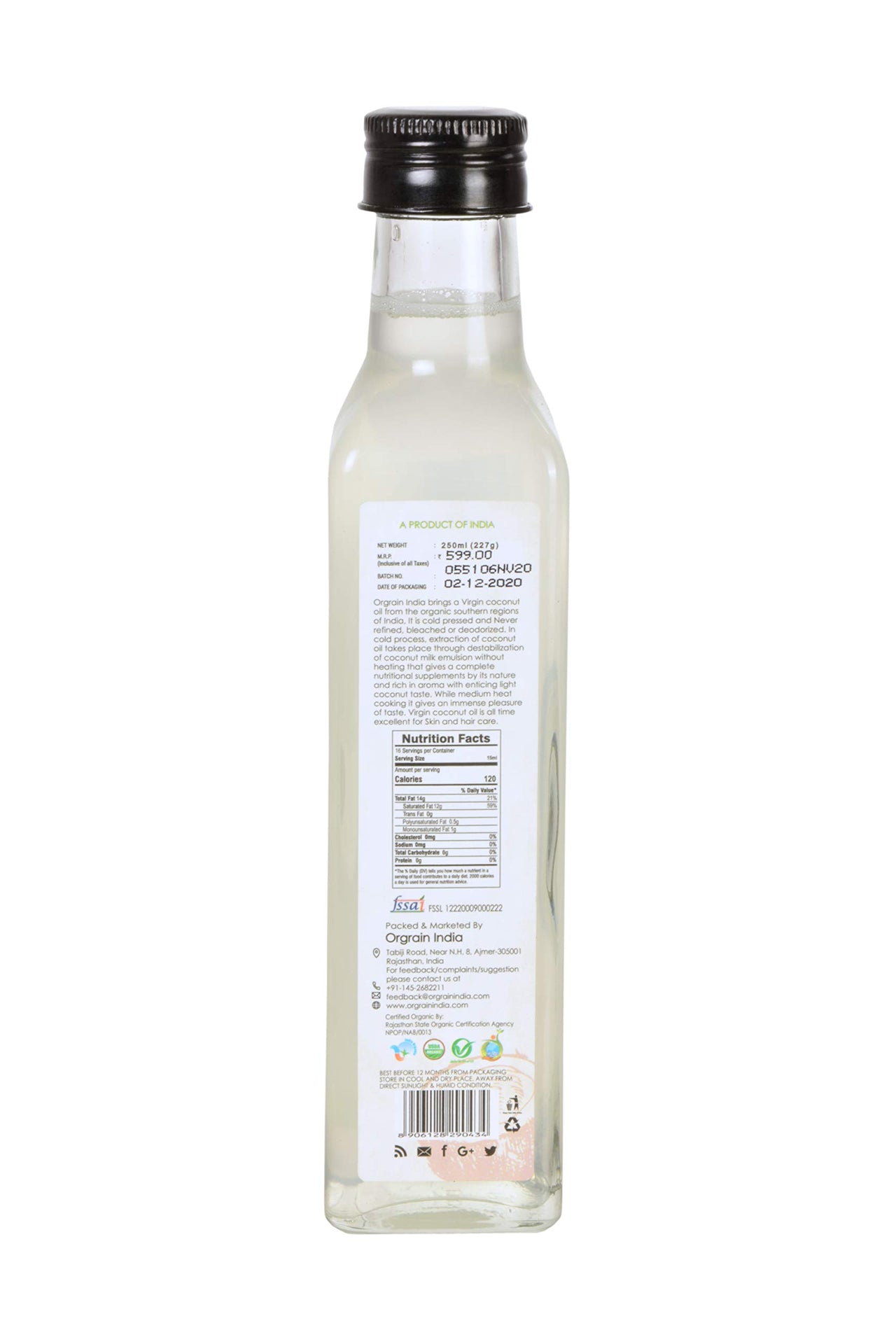 Orgrain India Certified Organic Raw Cold Pressed Extra Virgin Coconut Oil | Unrefined, Zero Heat Process, Supports Immunity, Hair & Skin, Massage, 100% Edible with Rich Tropical (250ml)