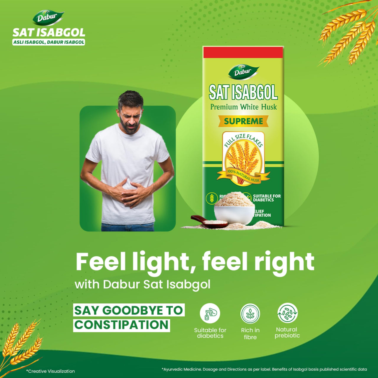 DABUR Sat Isabgol (Psyllium Husk) - 45 grams + Free 15 grams|Rich In Fiber|Effective Relief From Constipation & Bloating|Promotes Bowel Health|Non Habit Forming|100% Ayurvedic,Flake