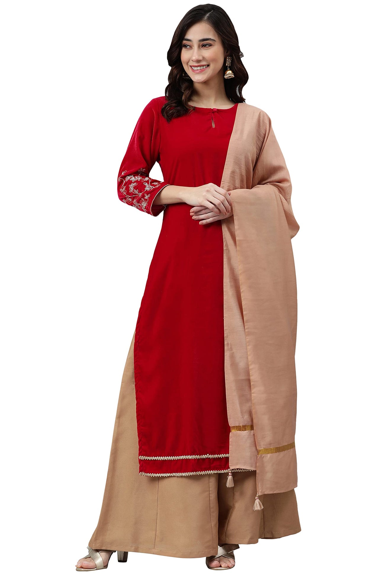 Janasya Women's  Red Velvet Kurta With Palazzo and Dupatta