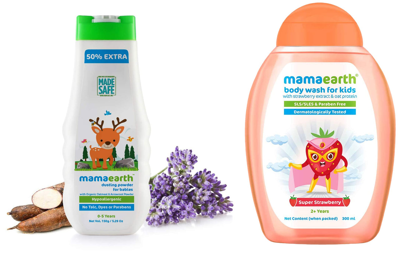 Mamaearth dusting powder with organic oatmeal & arrowroot powder 150g & Super Strawberry Body Wash for Kids with Strawberry Oat Protein – 300 ml, 1 count