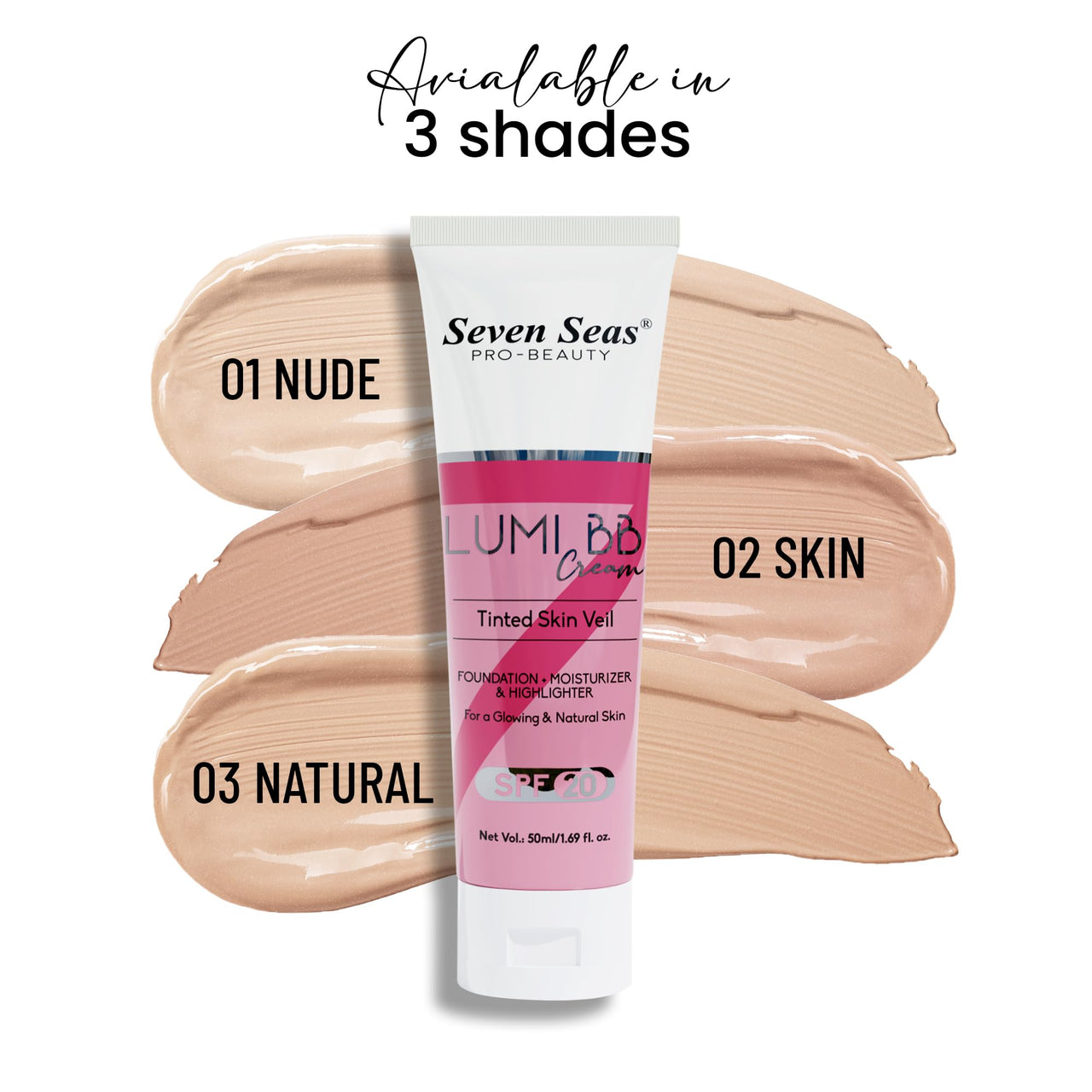 Seven Seas Lumi BB Cream, Tinted Skin Veil Foundation with SPF-20, Foundation + Moisturizer + Highlighter, 50ml (03-Natural, 50ml)